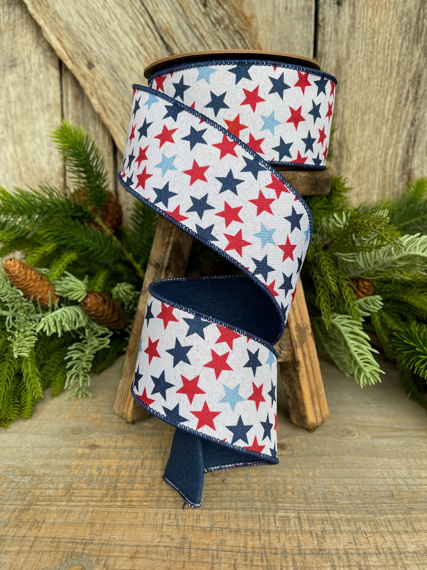 2.5" Patriotic Ribbon, Wired Ribbon, Stars Ribbon, Americana Ribbon, USA Ribbon, 4th of July RIbbon, Ribbon for bows, Wreath supply