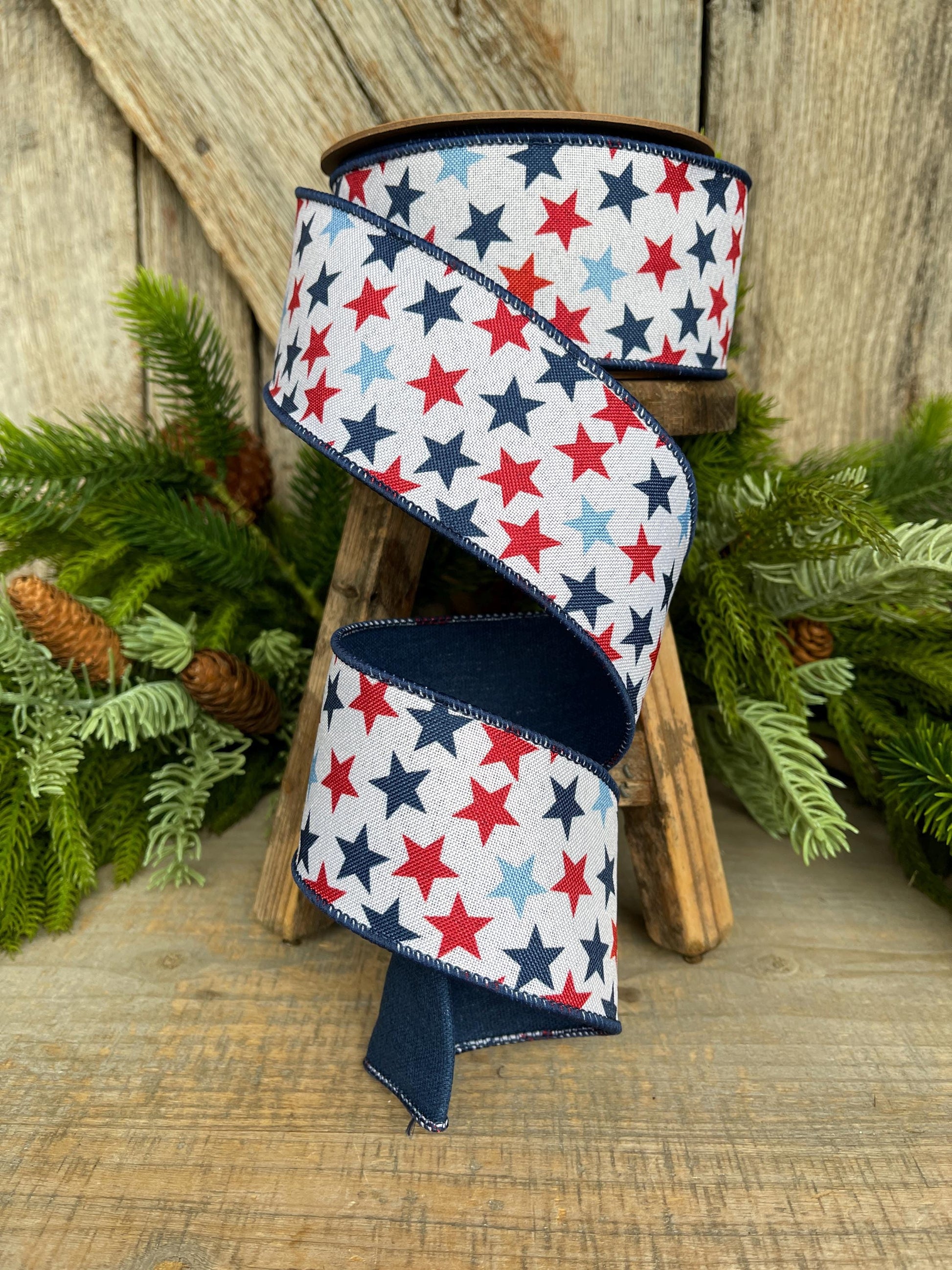 2.5" Patriotic Ribbon, Wired Ribbon, Stars Ribbon, Americana Ribbon, USA Ribbon, 4th of July RIbbon, Ribbon for bows, Wreath supply