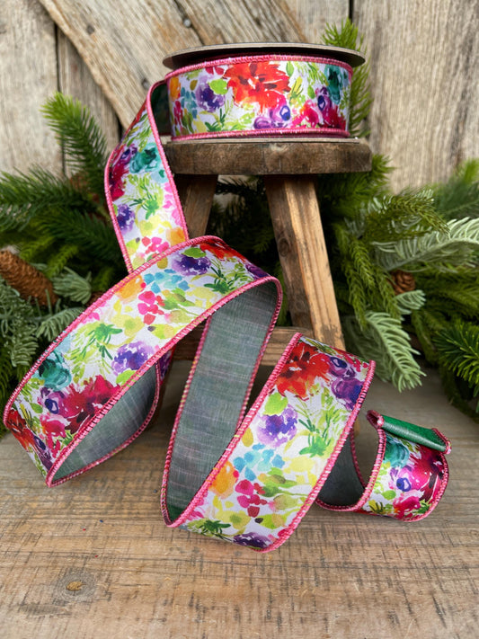 1.5" Floral Ribbon, wired Ribbon, Spring Ribbon, Summer Ribbon, Pink Floral Ribbon, Designer Ribbon, 94546W-001-09F