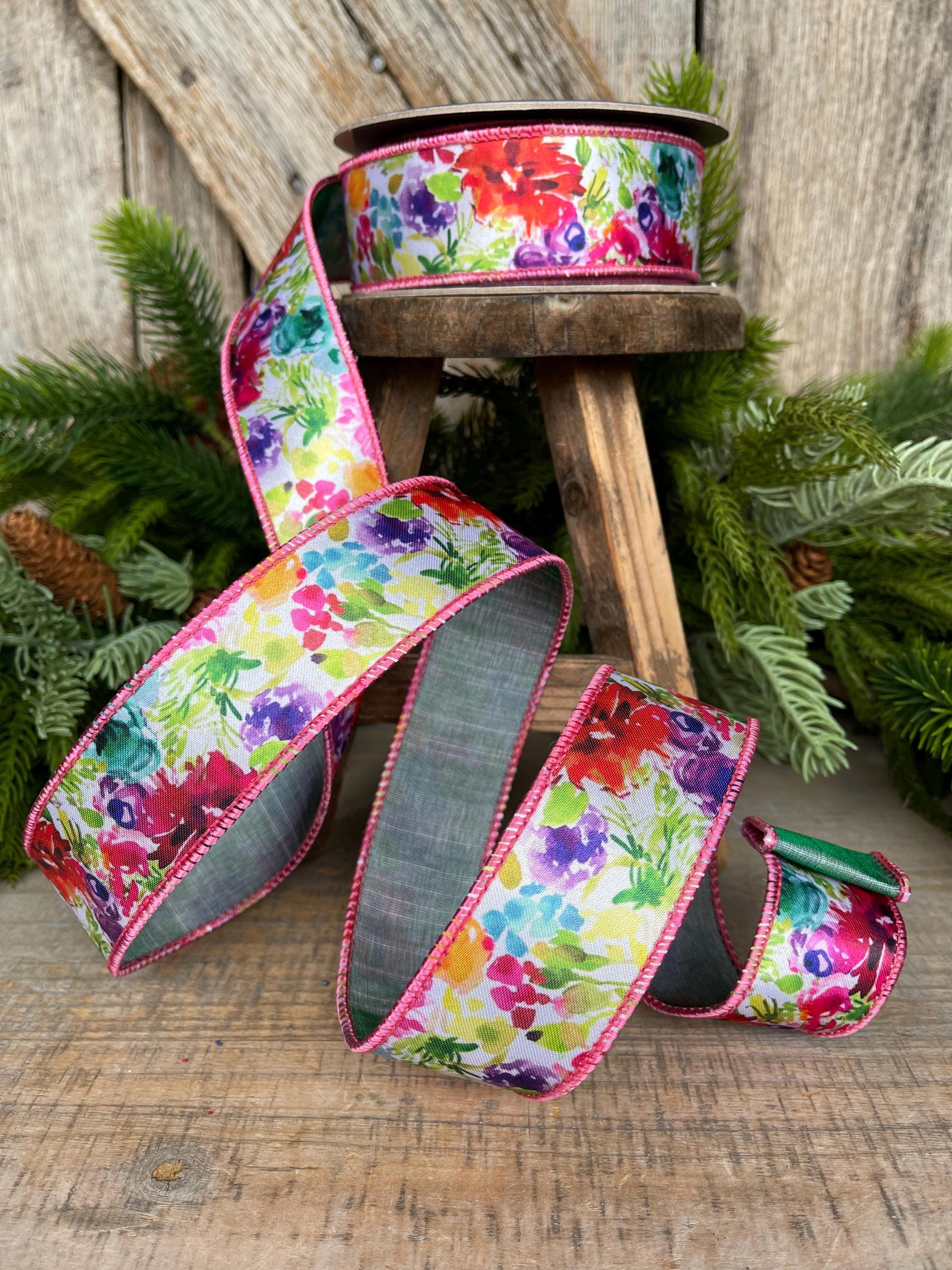 1.5" Floral Ribbon, wired Ribbon, Spring Ribbon, Summer Ribbon, Pink Floral Ribbon, Designer Ribbon, 94546W-001-09F