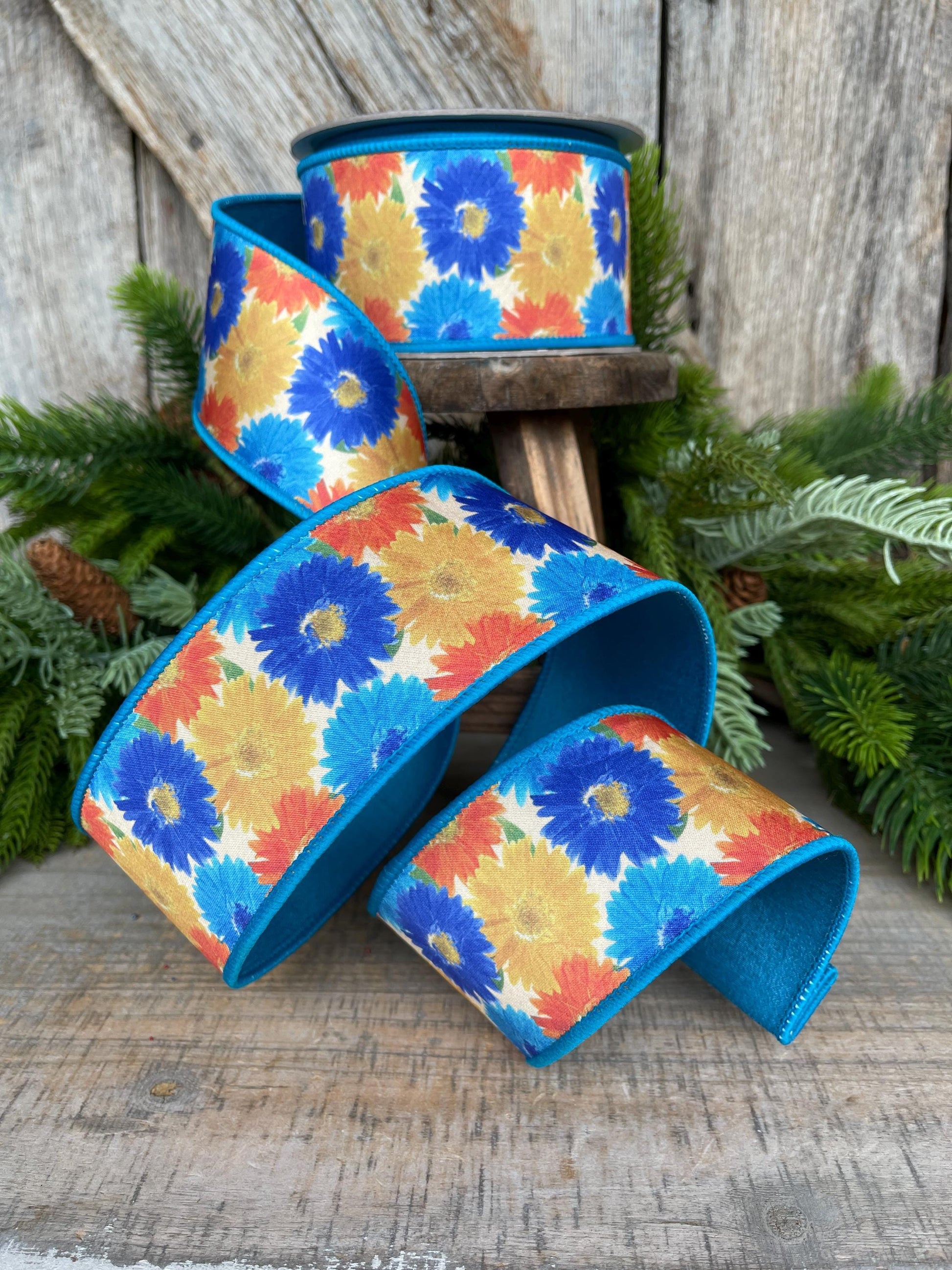 2.5" Vibrant Daisies Ribbon, Farrisilk Ribbon, Blue Yellow Ribbon, Designer Ribbon, Turquoise Ribbon, Floral Ribbon, SR084-32