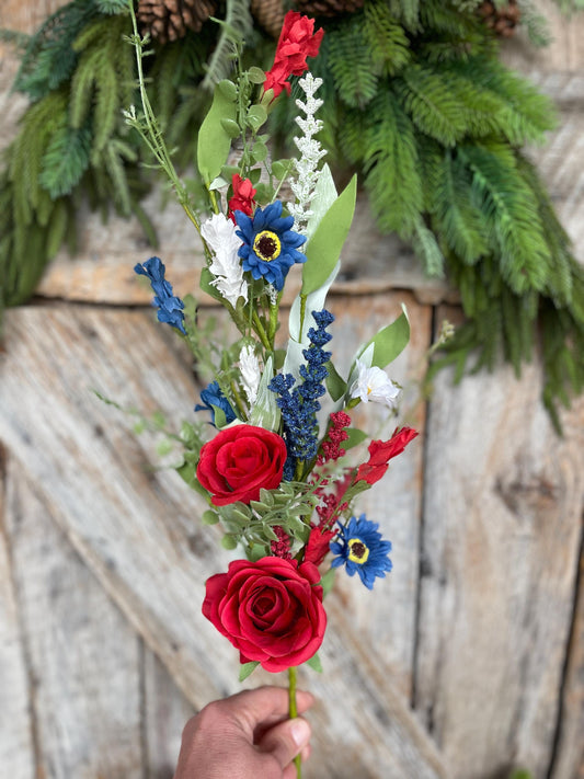 25" Patriotic Rose Spray, Artificial Floral Bush, Red White Blue Floral