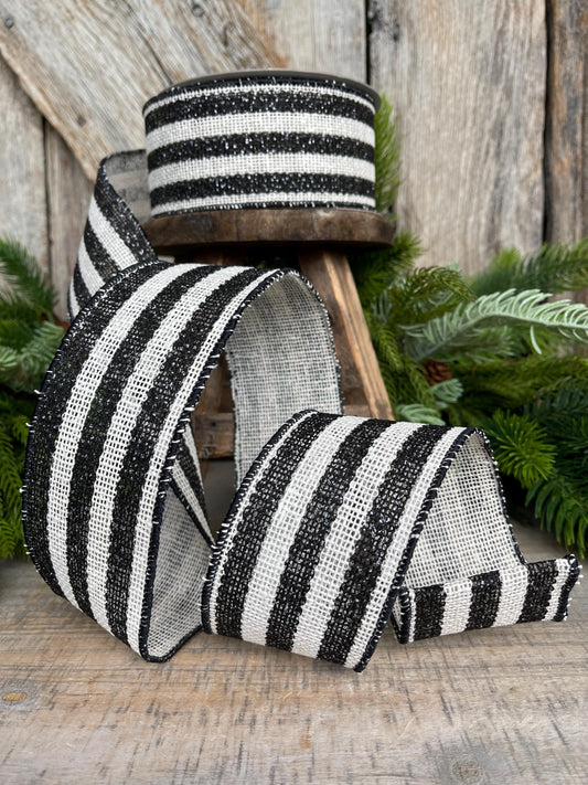 2.5" Black White Scarecrow Stripes Ribbon, Farrisilk Ribbon, Fall Ribbon, Halloween Ribbon, Wired Ribbon, RS097-92