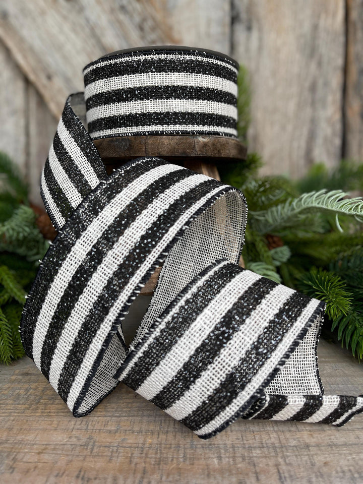 2.5" Black White Scarecrow Stripes Ribbon, Farrisilk Ribbon