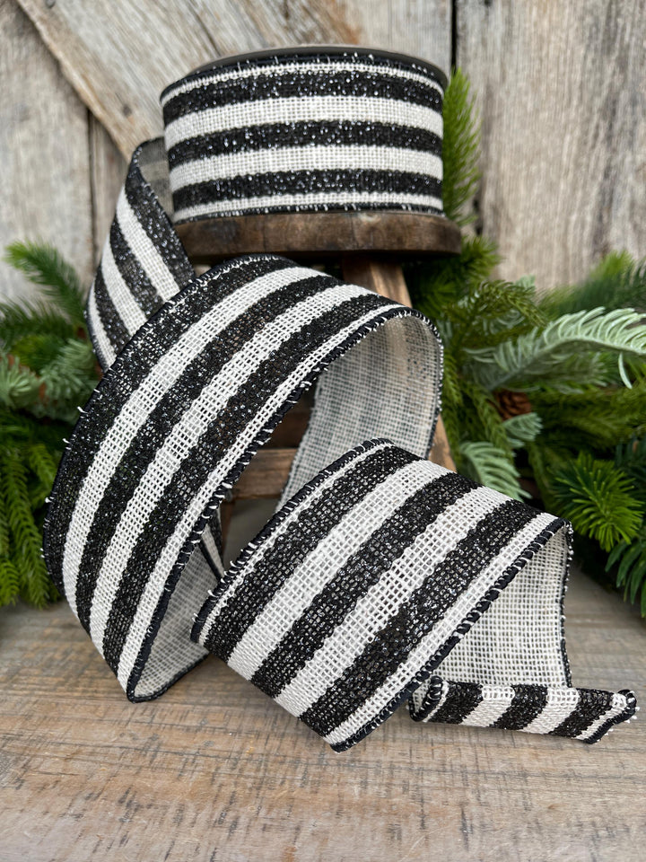 2.5" Black White Scarecrow Stripes Ribbon, Farrisilk Ribbon