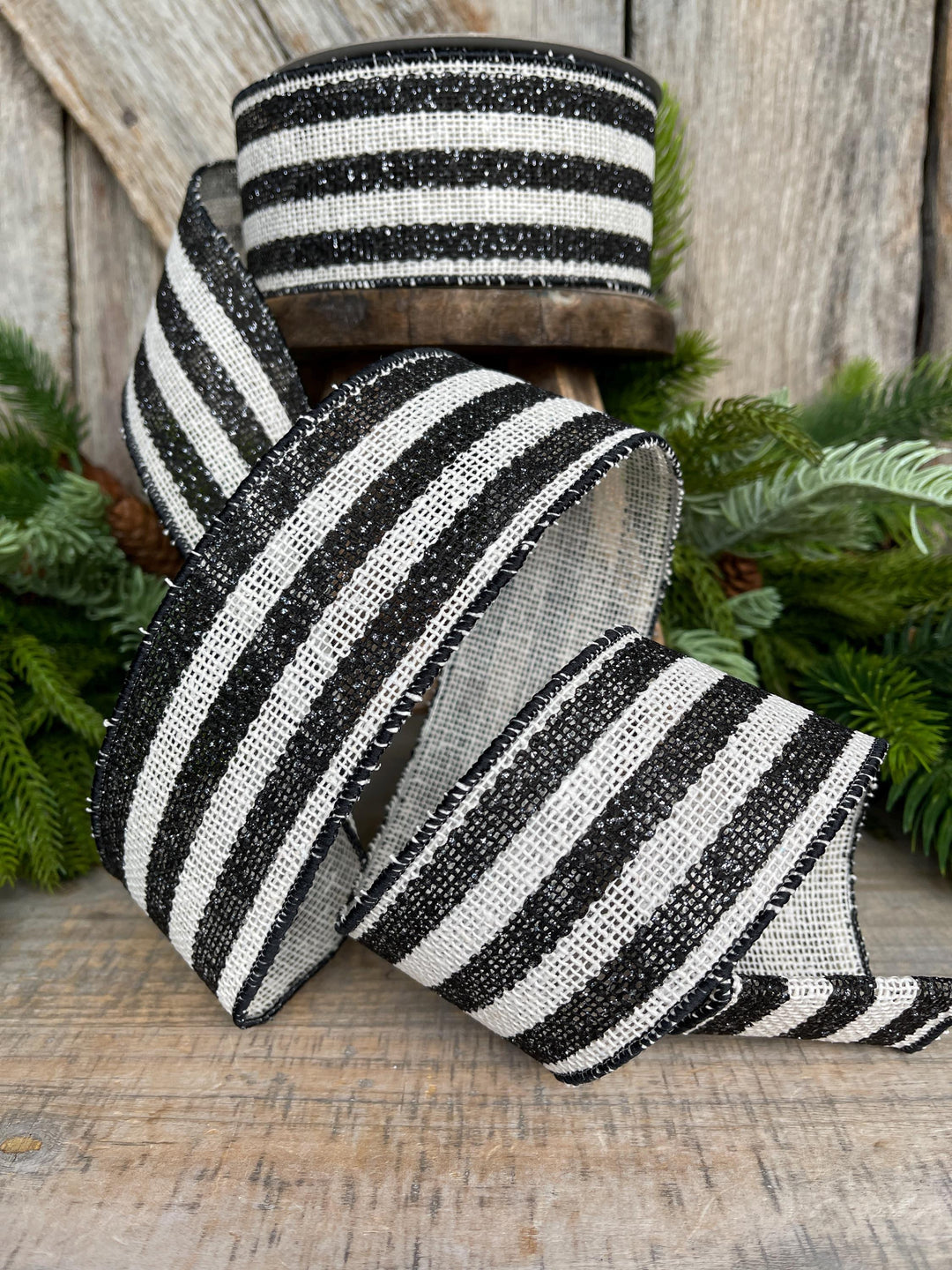 2.5" Black White Scarecrow Stripes Ribbon, Farrisilk Ribbon