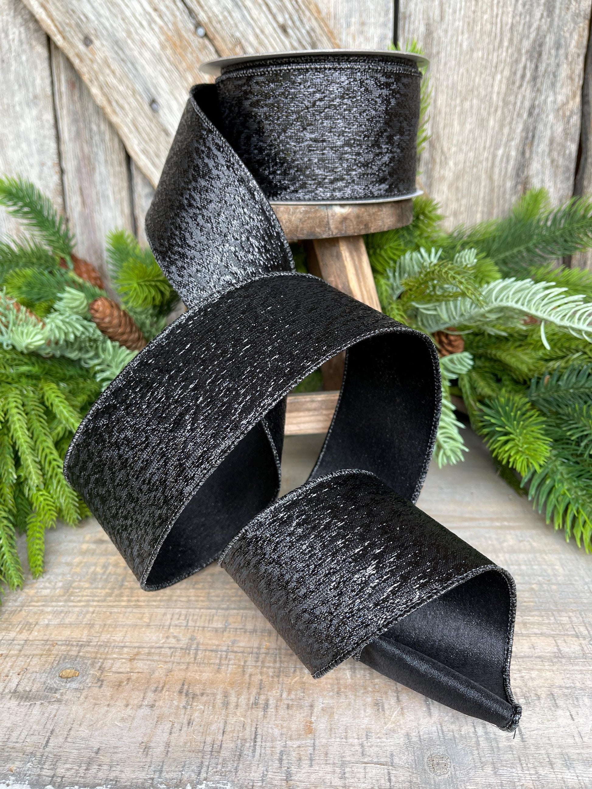 2.5" Black Metalic Tinsel Ribbon, Farrisilk, wired Ribbon, Halloween Ribbon, Black Ribbon, wreath supply, ribbon for bows