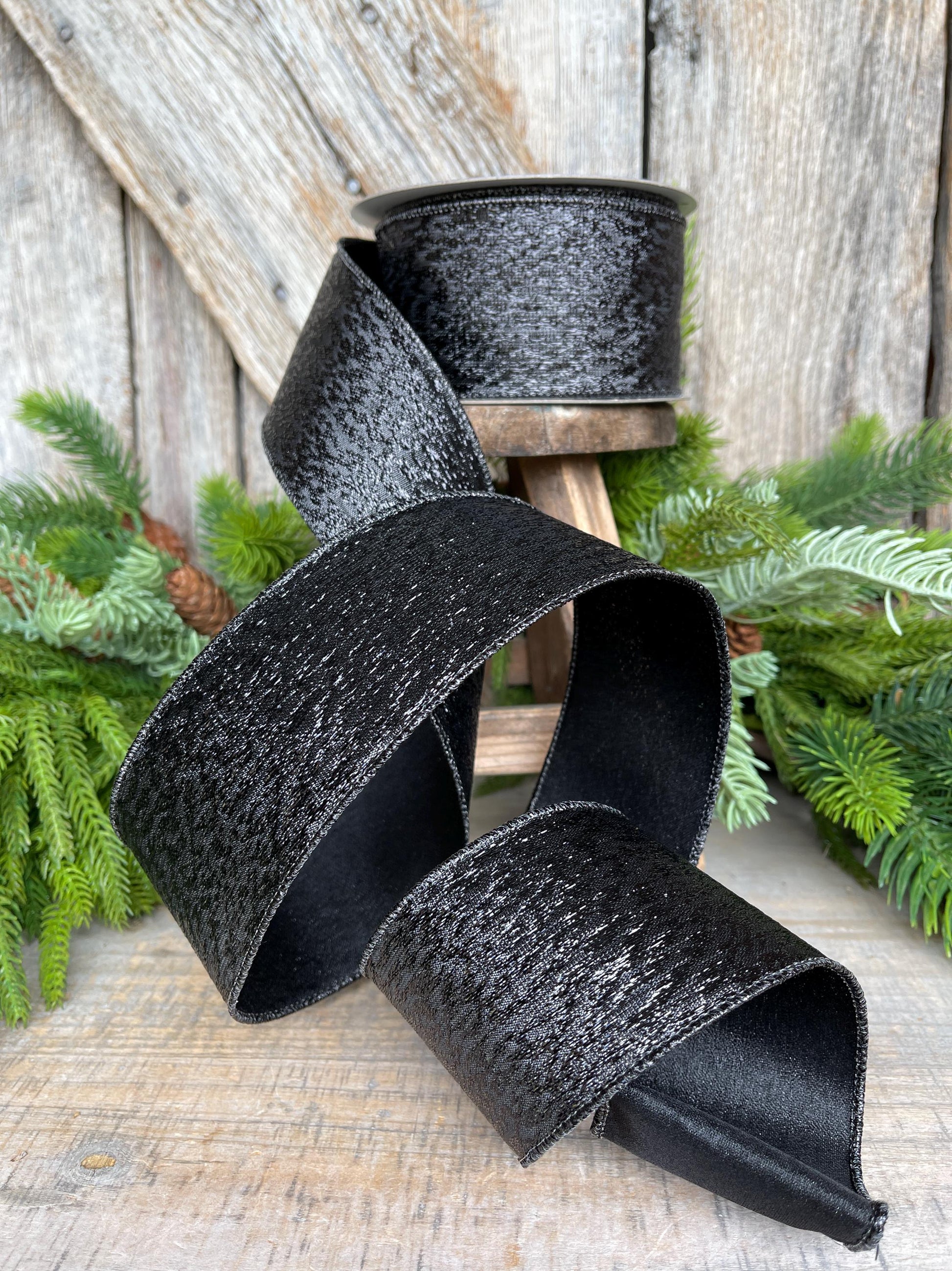 2.5" Black Metalic Tinsel Ribbon, Farrisilk, wired Ribbon, Halloween Ribbon, Black Ribbon, wreath supply, ribbon for bows