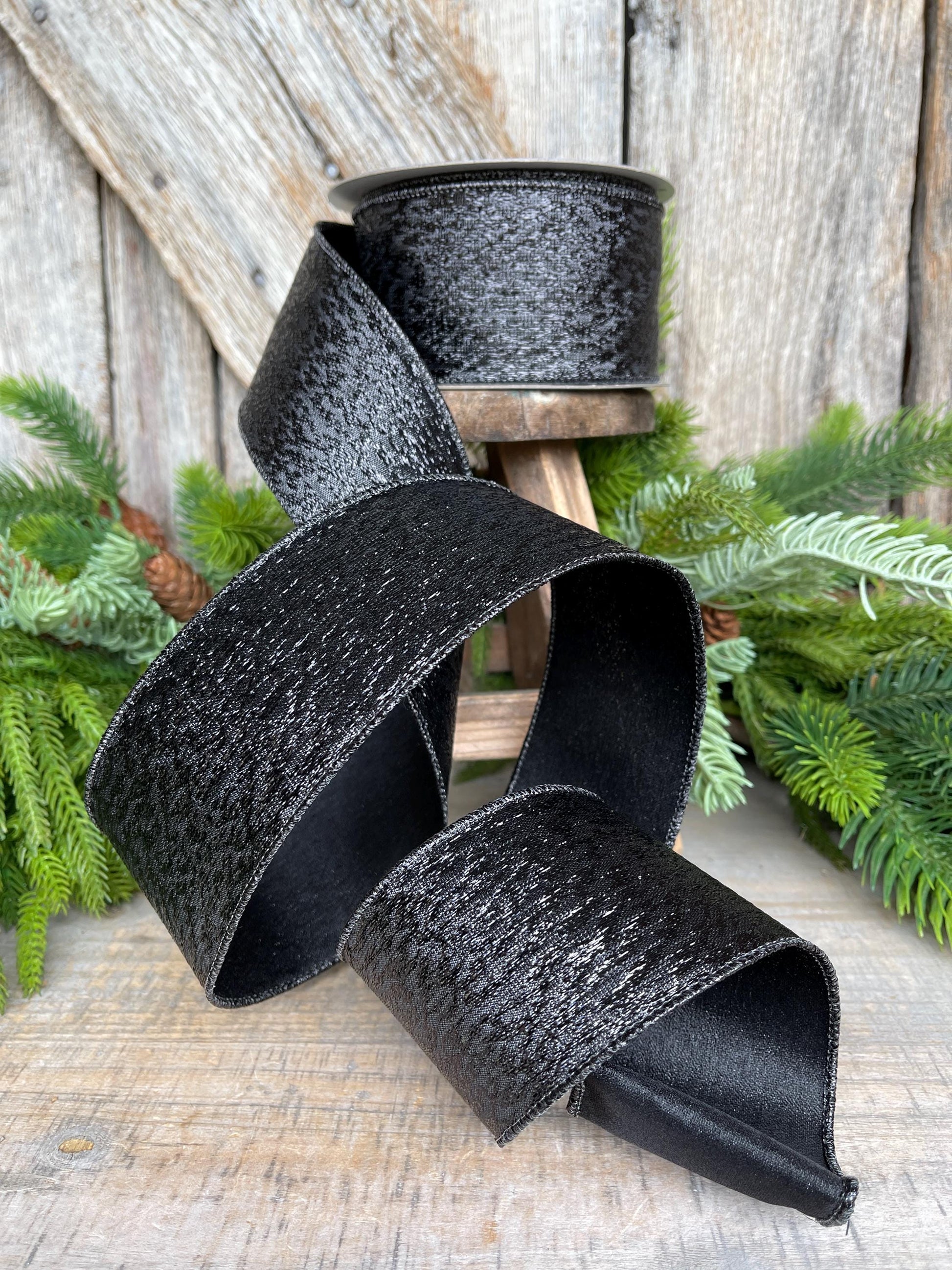 2.5" Black Metalic Tinsel Ribbon, Farrisilk, wired Ribbon, Halloween Ribbon, Black Ribbon, wreath supply, ribbon for bows