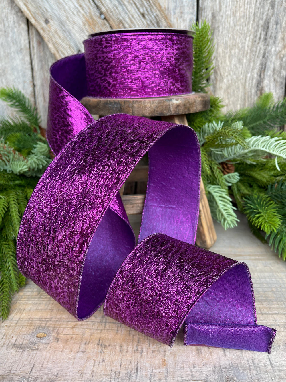 2.5" Purple Metalic Tinsel Ribbon, Farrisilk, wired Ribbon