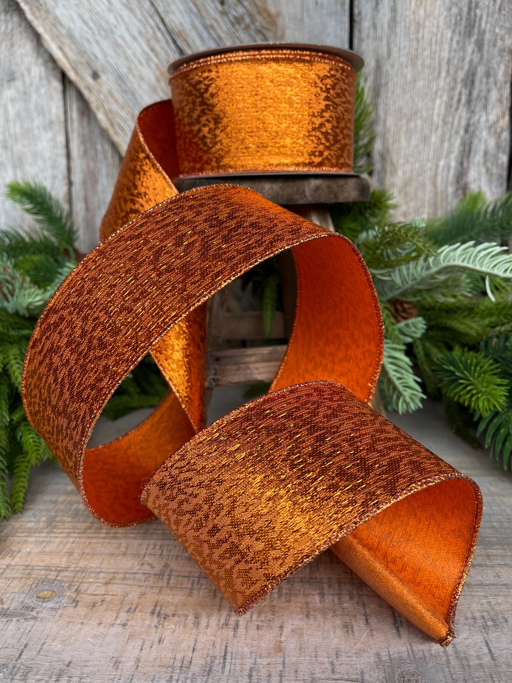 2.5" Orange Metalic Tinsel Ribbon, Farrisilk, wired Ribbon, Halloween Ribbon, Orange Ribbon, wreath supply, ribbon for bows, RS151-52