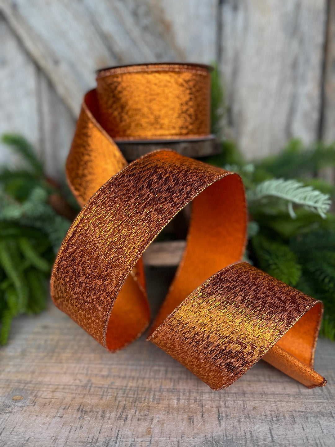 2.5" Orange Metalic Tinsel Ribbon, Farrisilk, wired Ribbon
