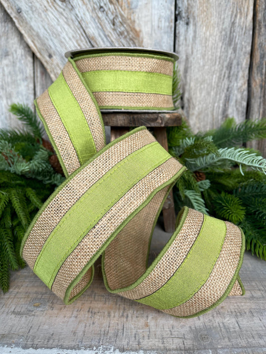 2.5" Green Burlap Border Ribbon, Farrisilk Ribbon, Wired Ribbon, Fall Ribbon, Olive Green Ribbon, Moss Green Ribbon, Burlap Ribbon, SR094-61