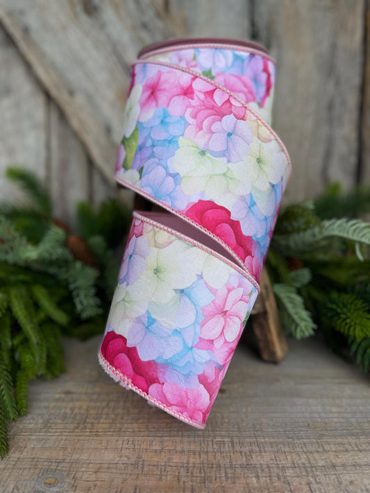 4" Hydrangea Ribbon, Farrisilk Ribbon, Spring Ribbon, Floral Ribbon, Wired Ribbon, Easter Ribbon, Pink, SR035-32