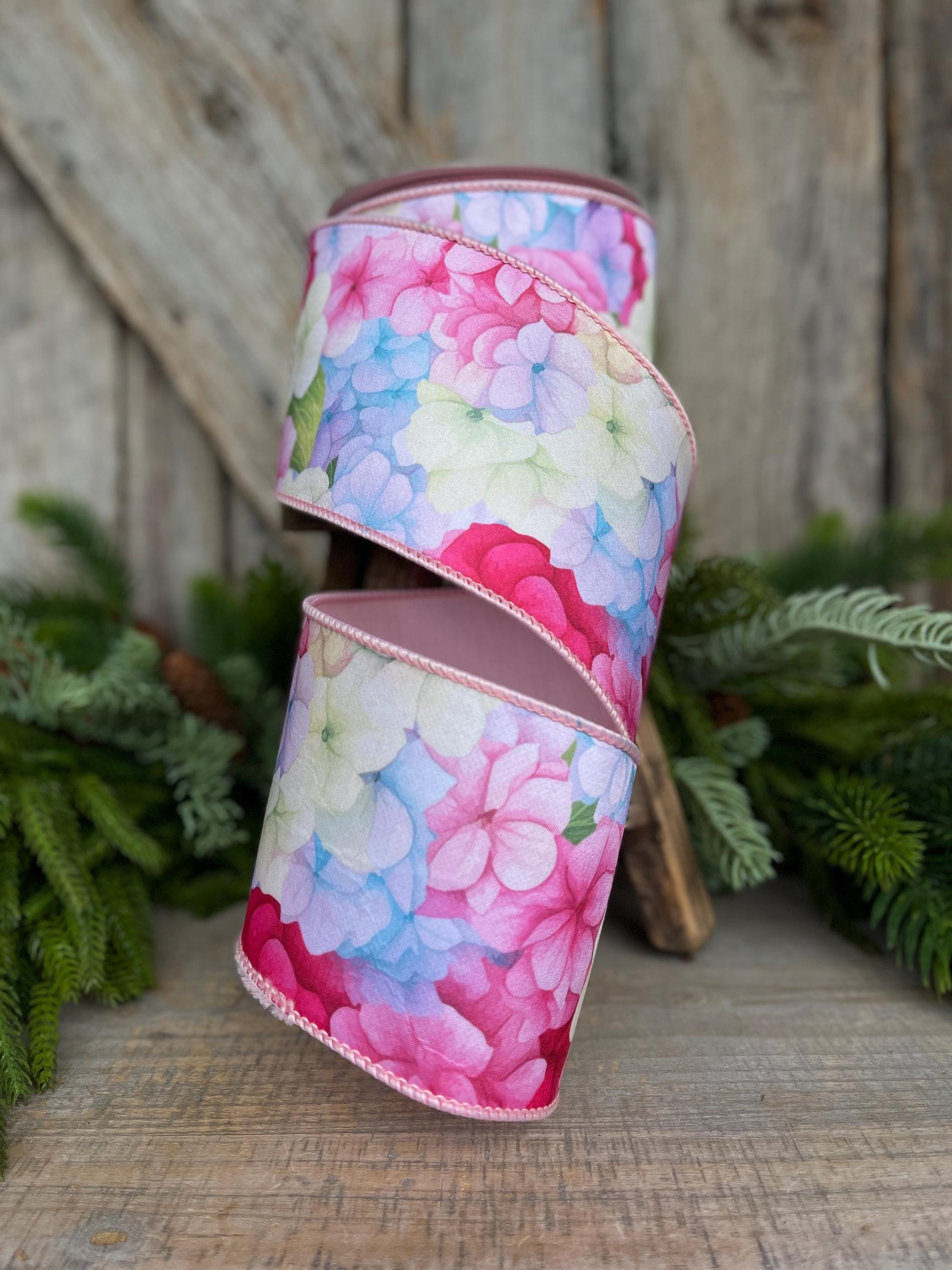 4" Hydrangea Ribbon, Farrisilk Ribbon, Spring Ribbon, Floral Ribbon, Wired Ribbon, Easter Ribbon, Pink, SR035-32