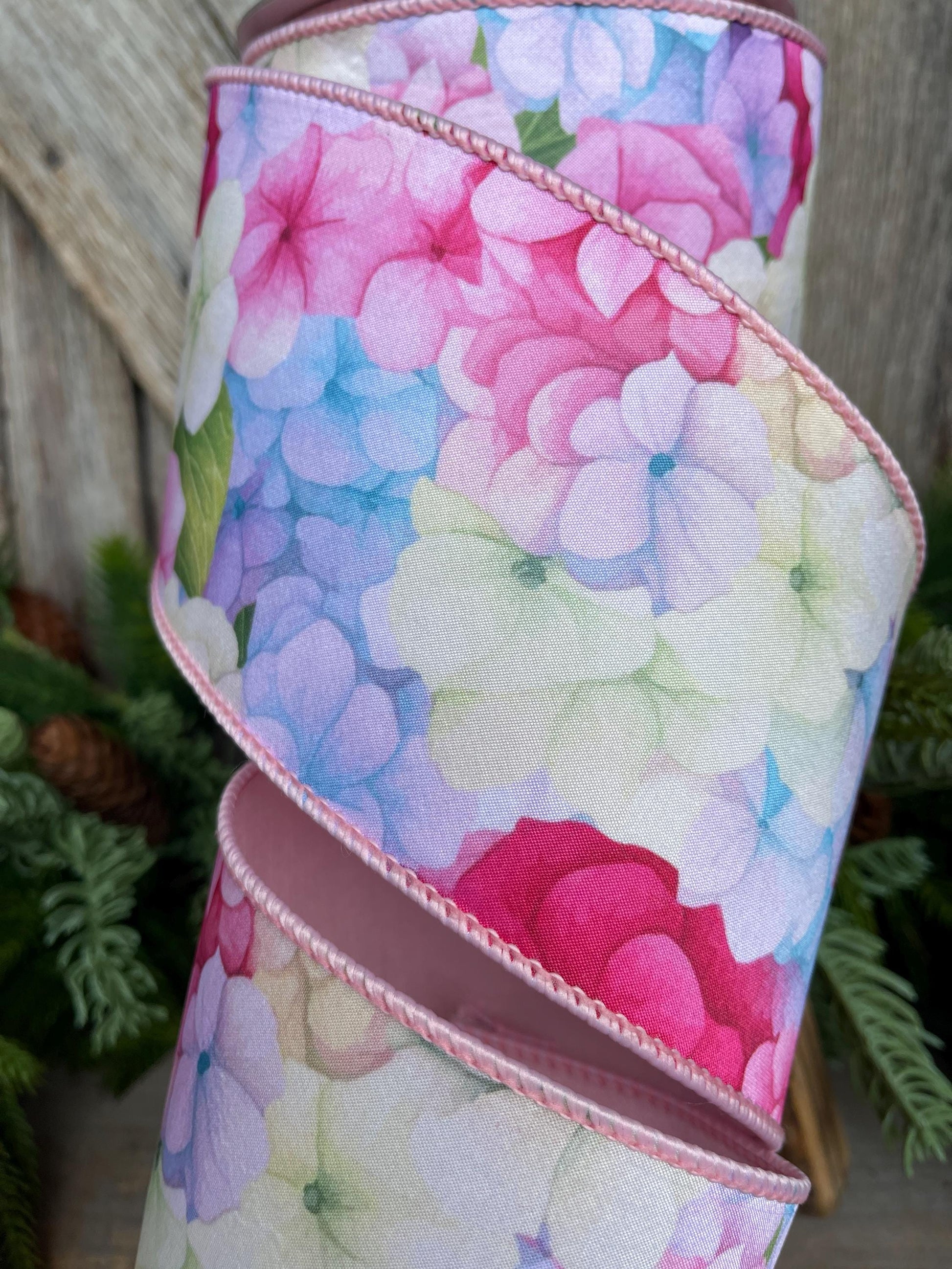 4" Hydrangea Ribbon, Farrisilk Ribbon, Spring Ribbon, Floral Ribbon, Wired Ribbon, Easter Ribbon, Pink, SR035-32