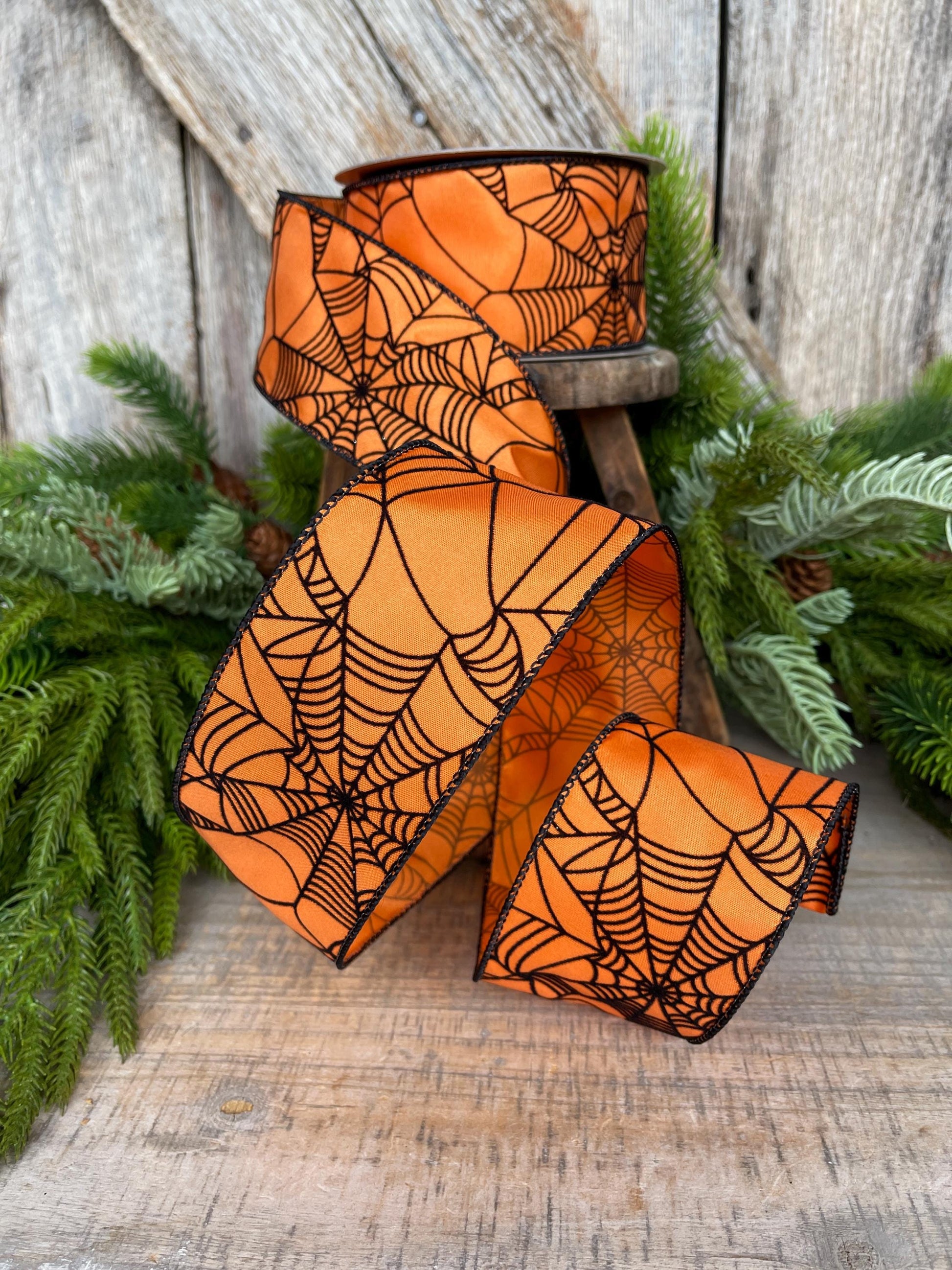 2.5" Orange Spooky Webs Ribbon, Farrisilk Ribbon, Halloween Ribbon, Wired Ribbon, Orange Halloween Ribbon, Spider Web Ribbon, RS145-52