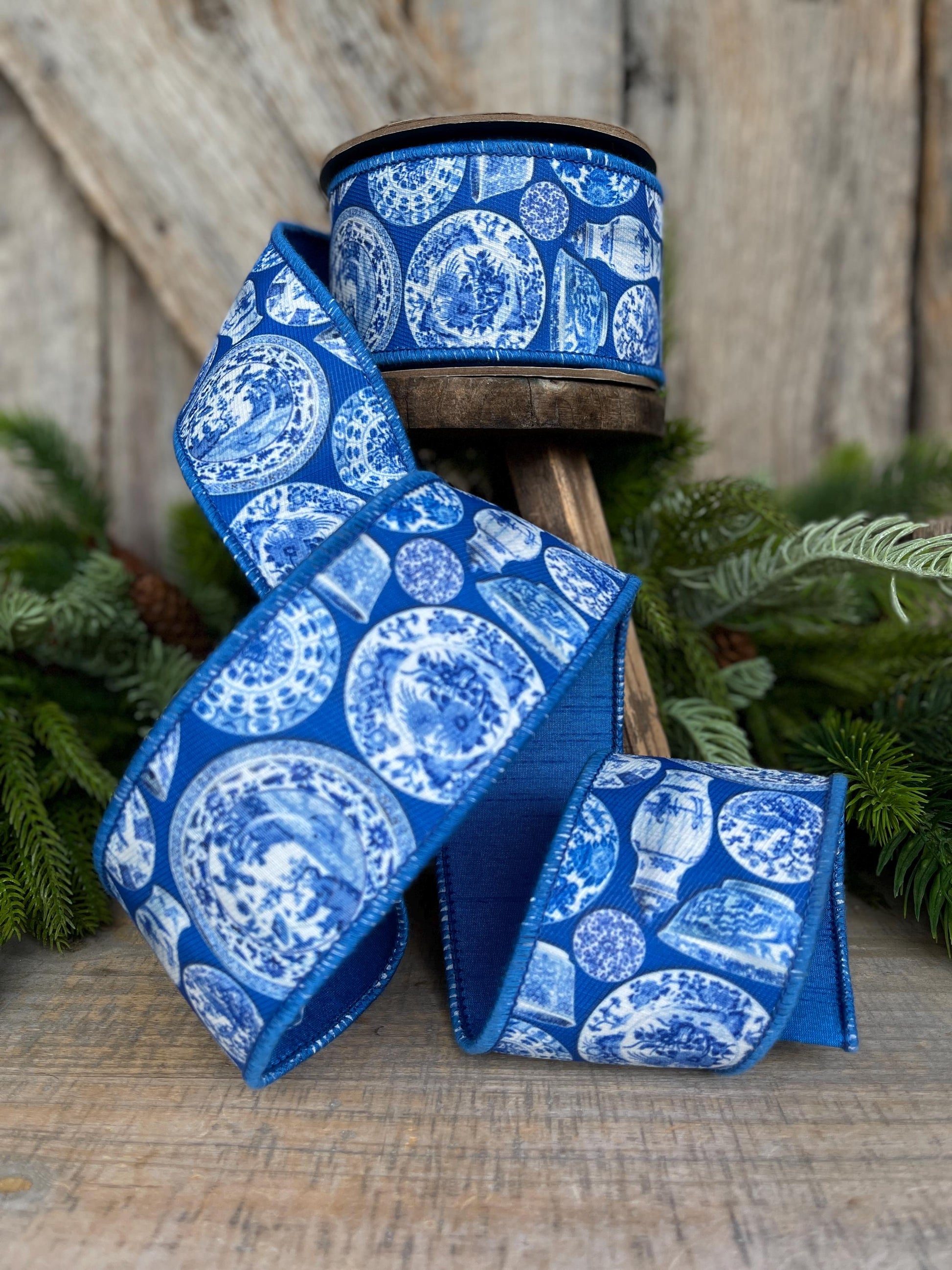 2.5" Blue Chinoiserie Ribbon, Blue and White Chinoiserie Ribbon, Wired RIbbon