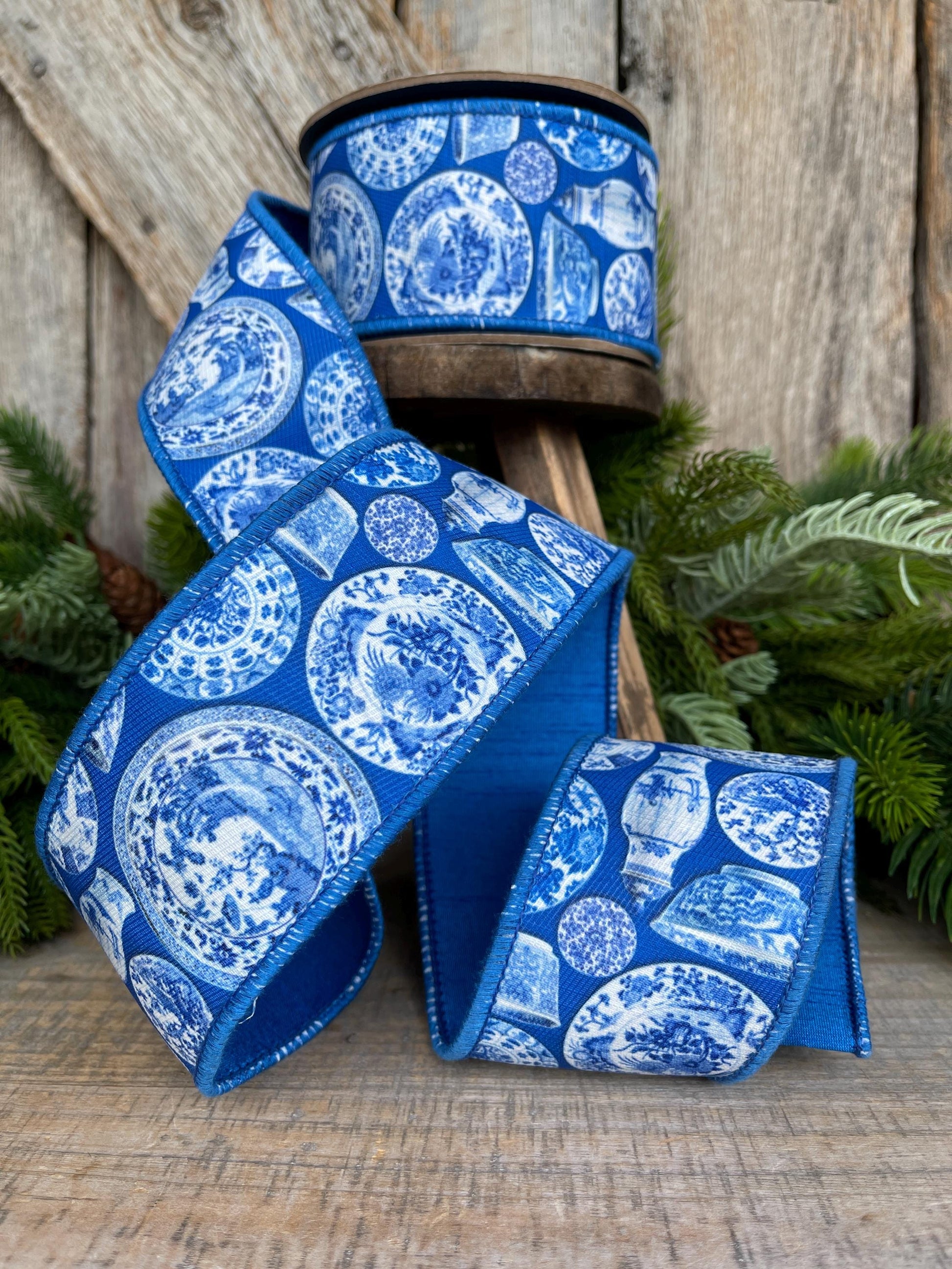 2.5" Blue Chinoiserie Ribbon, Blue and White Chinoiserie Ribbon, Wired RIbbon