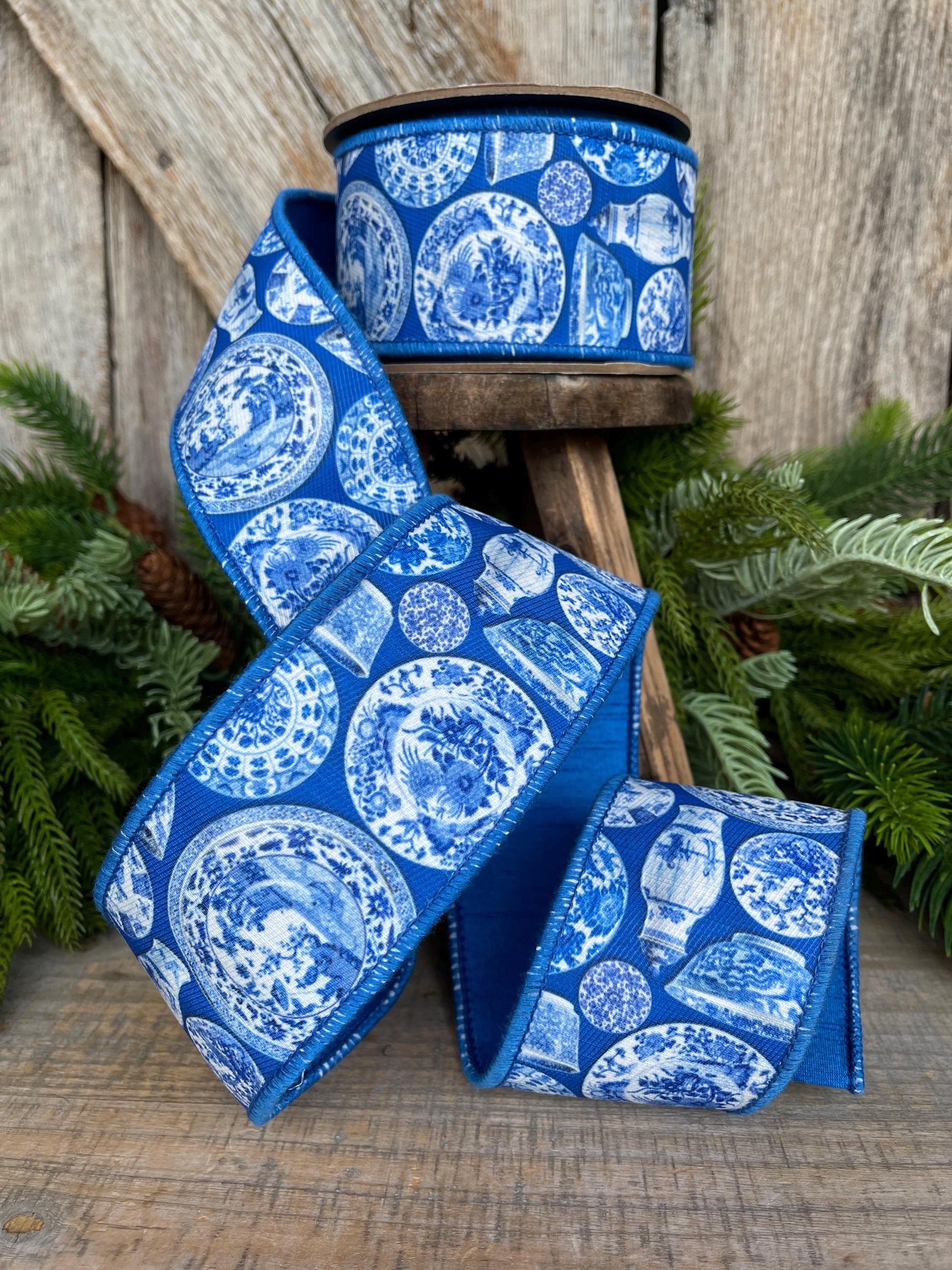 2.5" Blue Chinoiserie Ribbon, Blue and White Chinoiserie Ribbon, Wired RIbbon