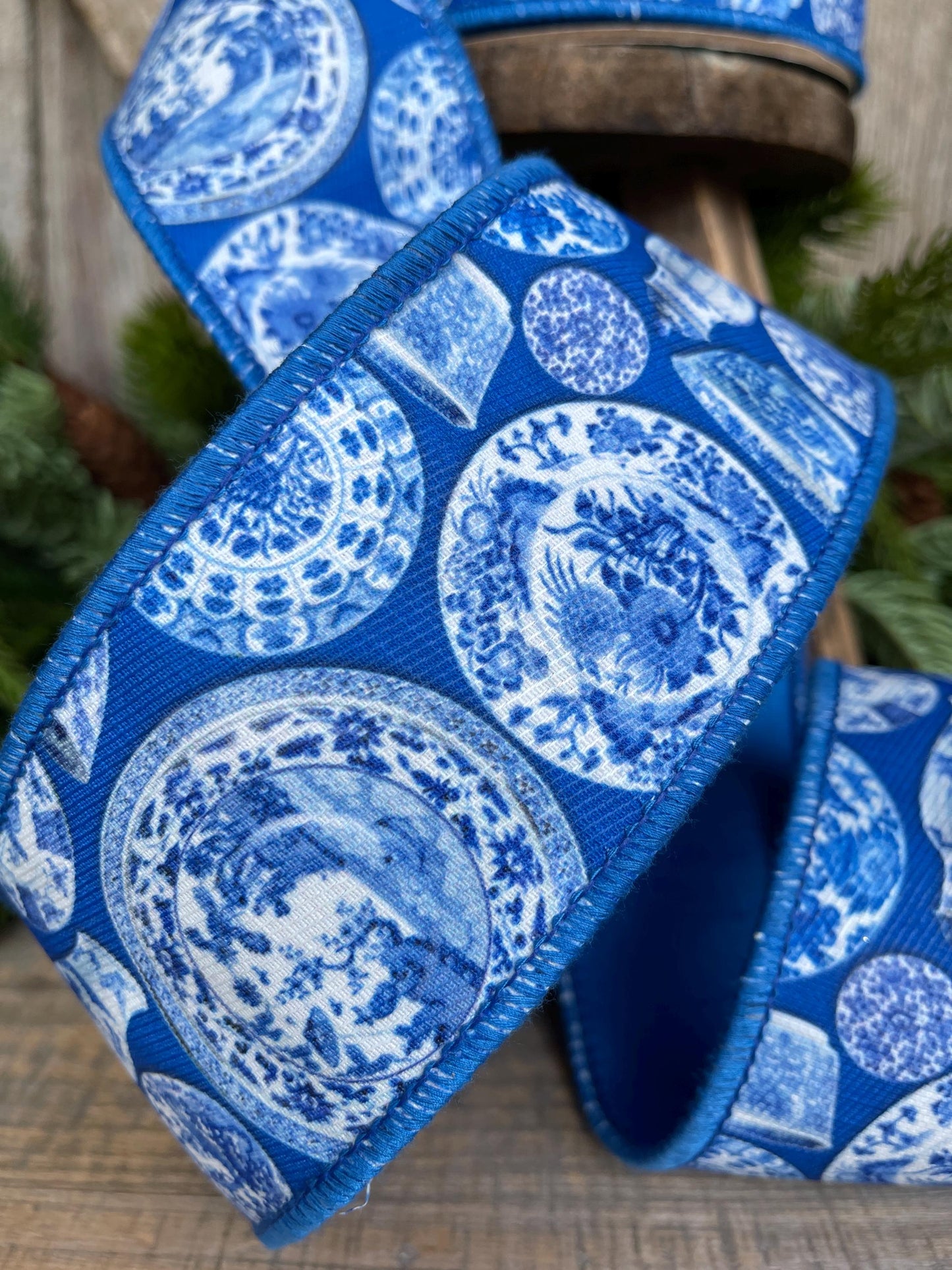 2.5" Blue Chinoiserie Ribbon, Blue and White Chinoiserie Ribbon, Wired RIbbon