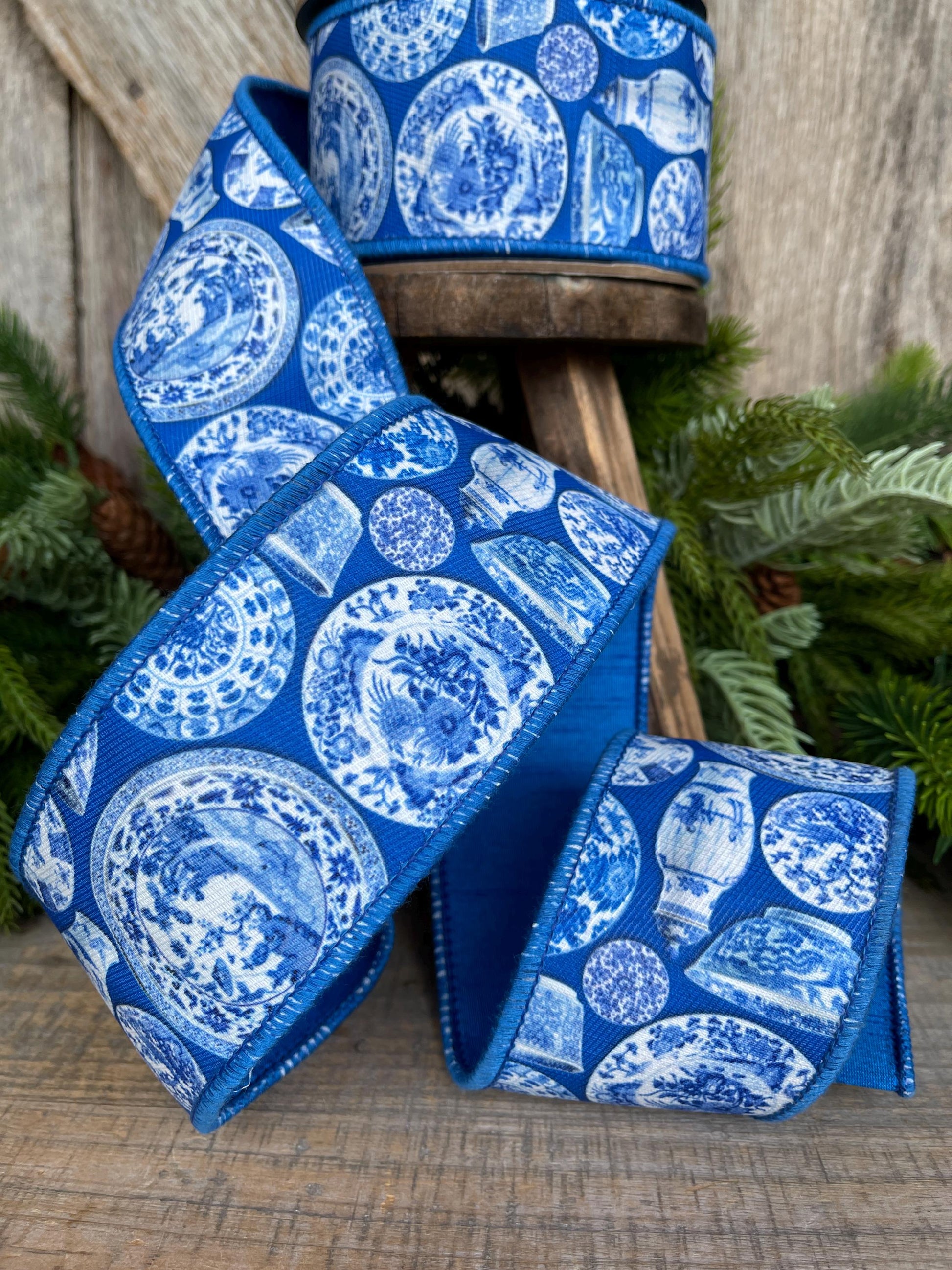 2.5" Blue Chinoiserie Ribbon, Blue and White Chinoiserie Ribbon, Wired RIbbon