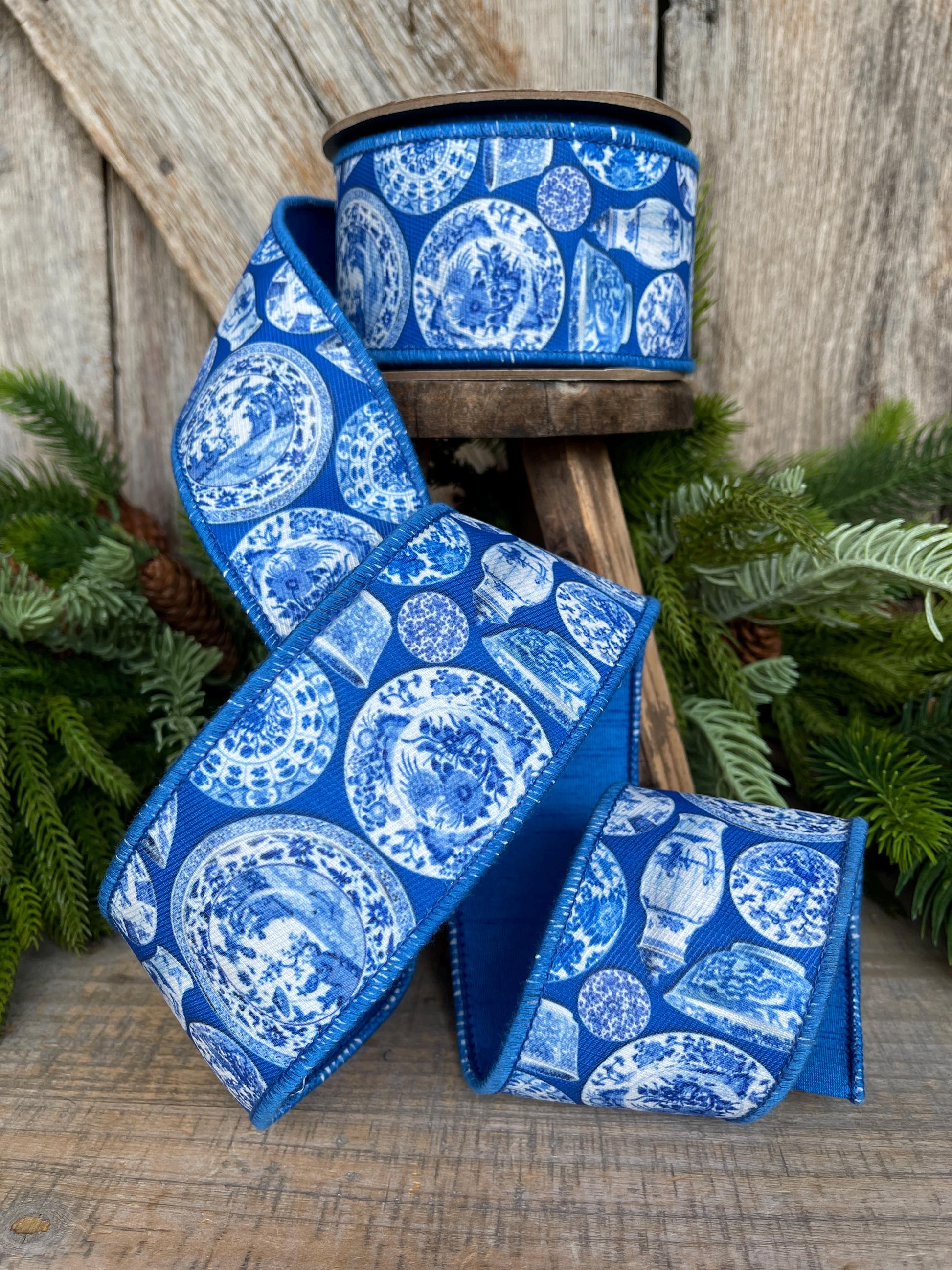 2.5" Blue Chinoiserie Ribbon, Blue and White Chinoiserie Ribbon, Wired RIbbon
