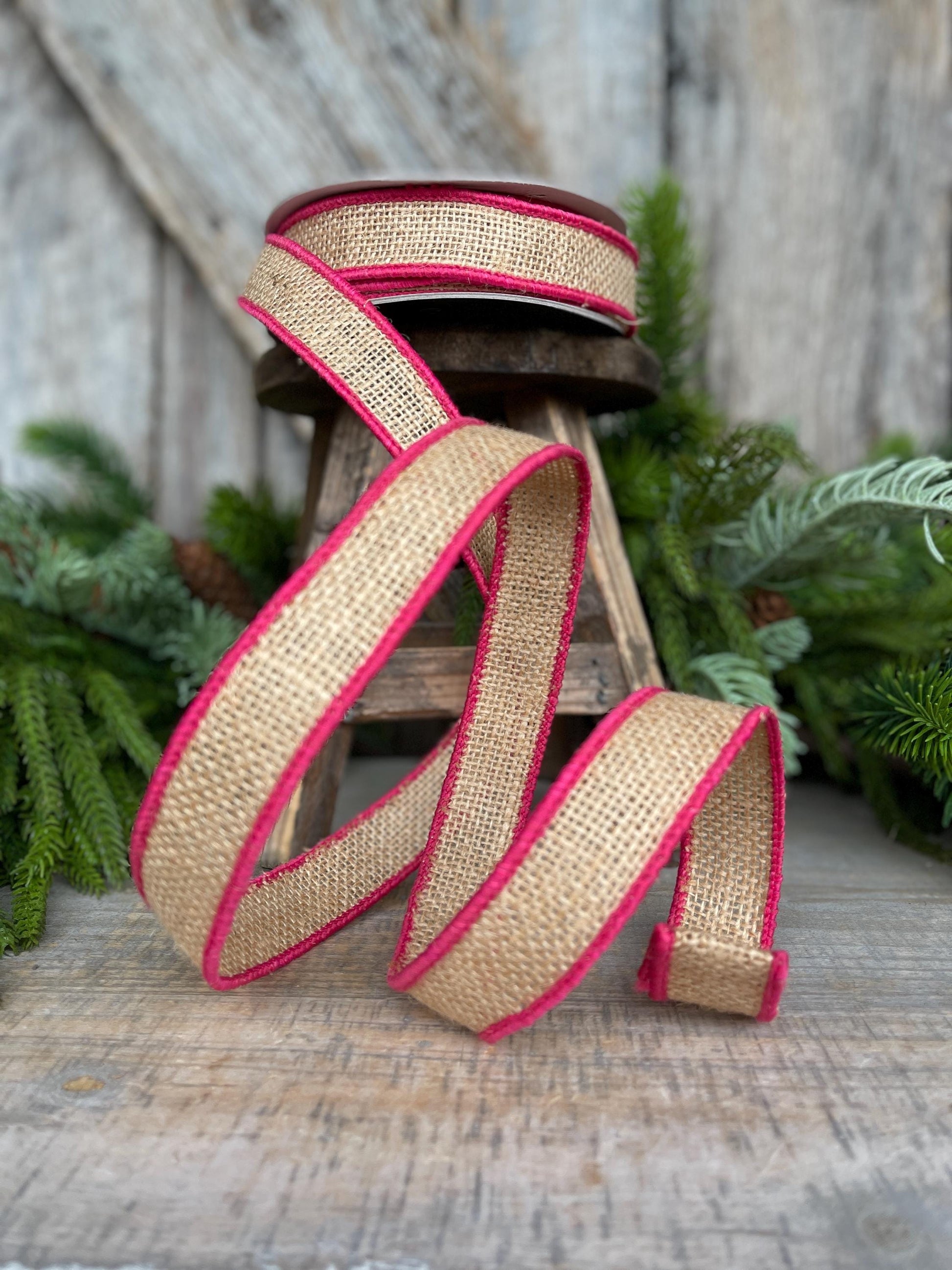 1" Hot Pink Burlap Accent Ribbon, Farrisilk Ribbon, Wired Ribbon, Burlap Ribbon, Designer Ribbon, SR096-08
