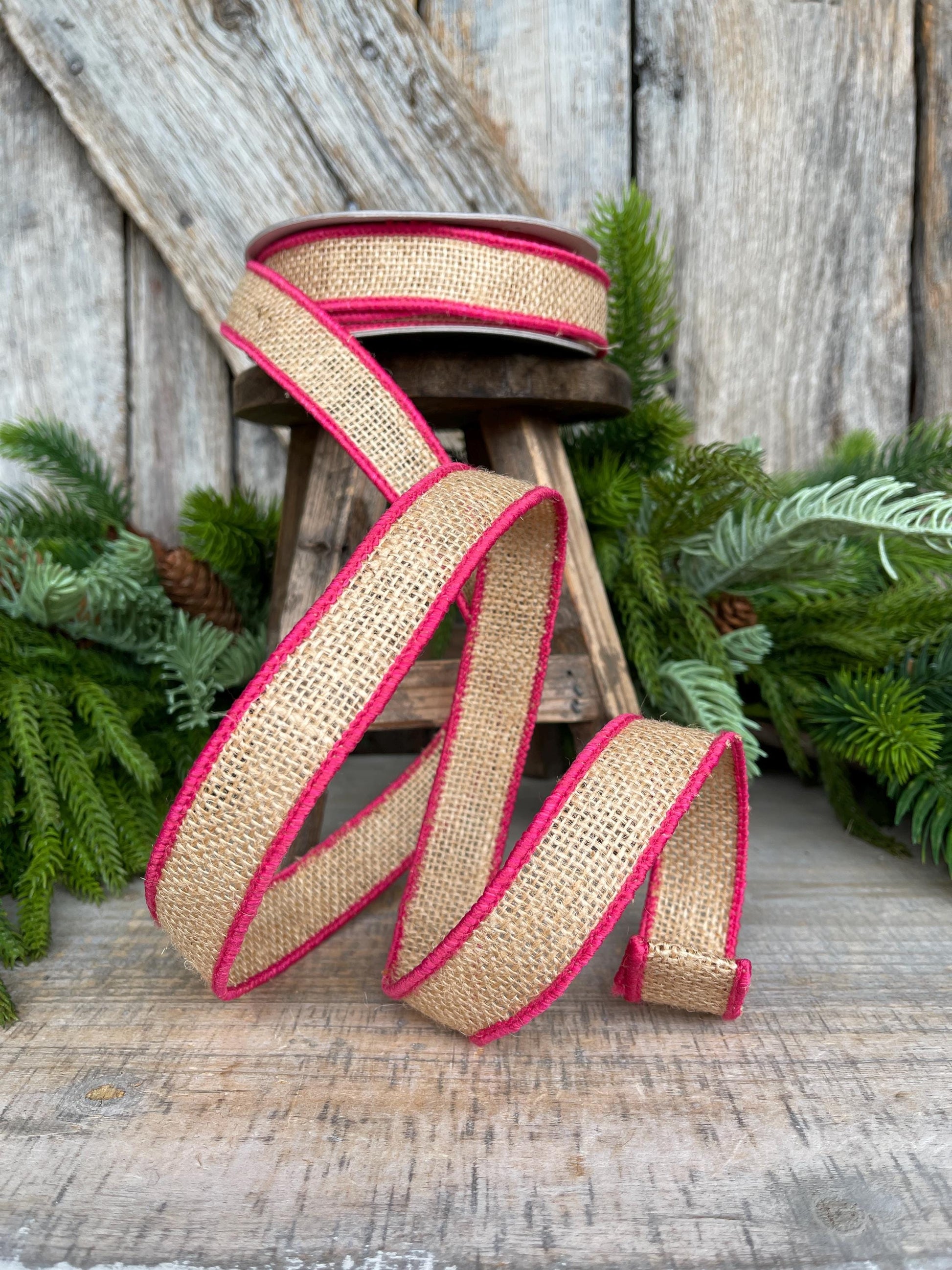 1" Hot Pink Burlap Accent Ribbon, Farrisilk Ribbon, Wired Ribbon, Burlap Ribbon, Designer Ribbon, SR096-08
