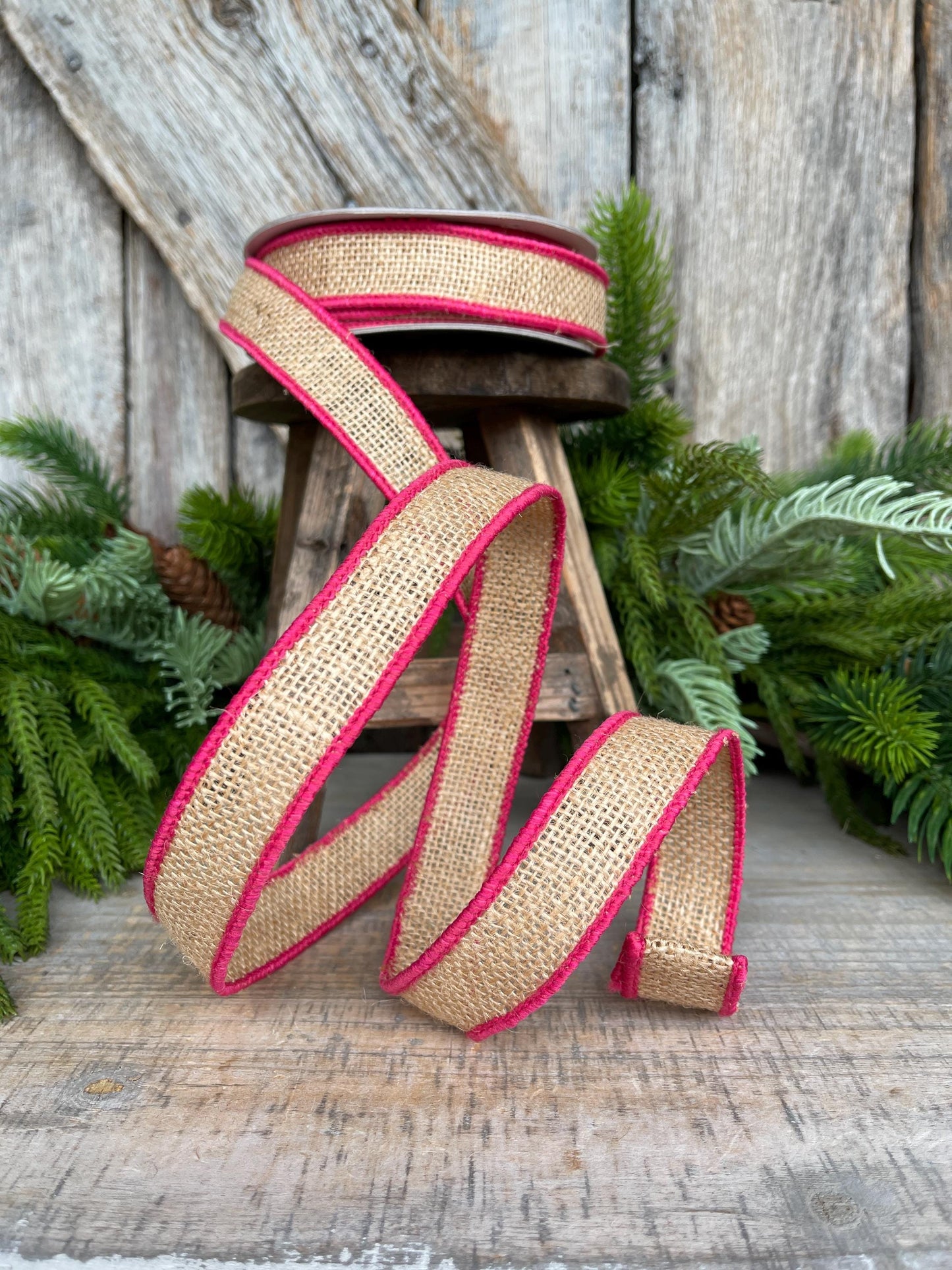 1" Hot Pink Burlap Accent Ribbon, Farrisilk Ribbon, Wired Ribbon, Burlap Ribbon, Designer Ribbon, SR096-08