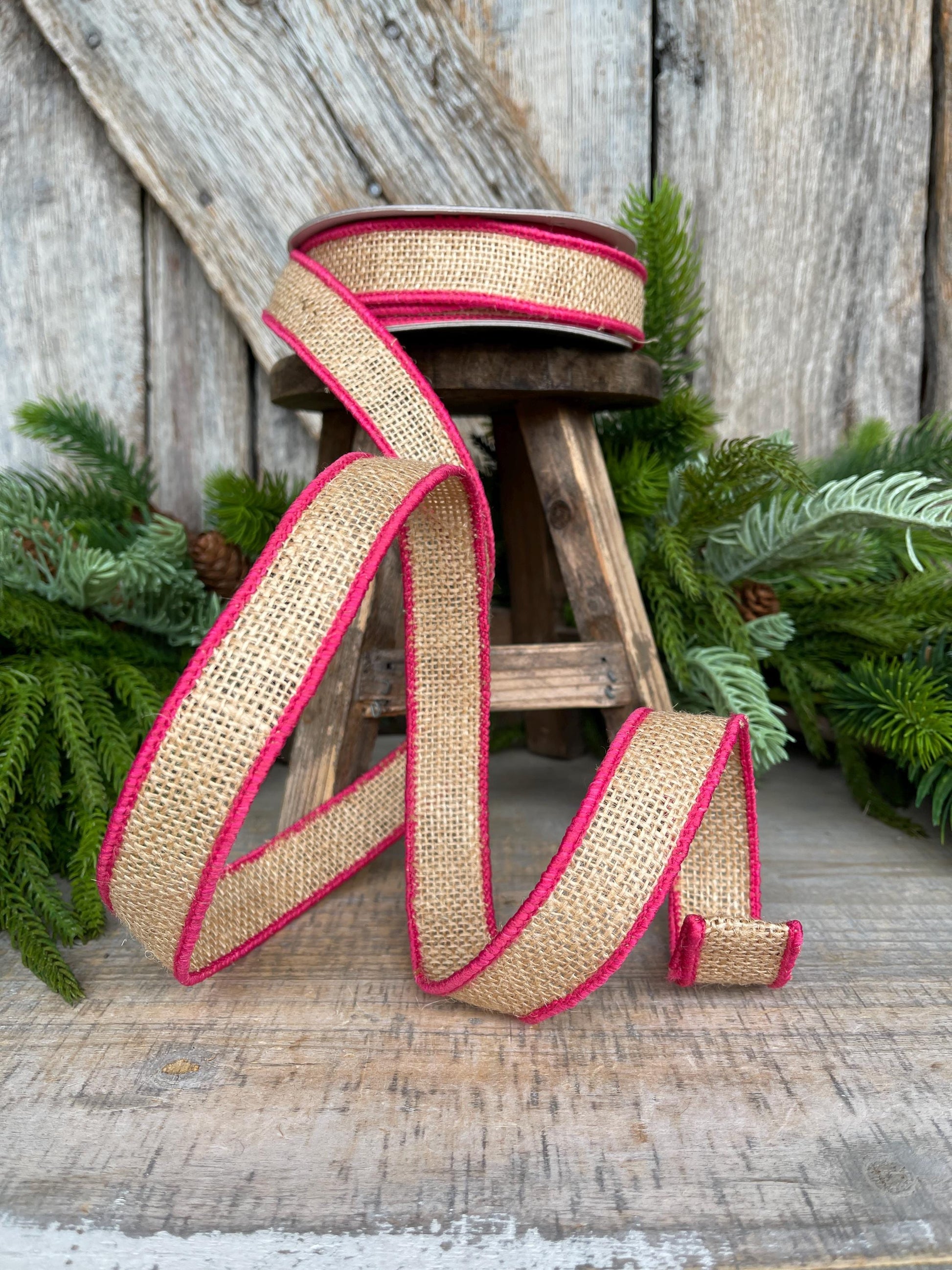 1" Hot Pink Burlap Accent Ribbon, Farrisilk Ribbon, Wired Ribbon, Burlap Ribbon, Designer Ribbon, SR096-08