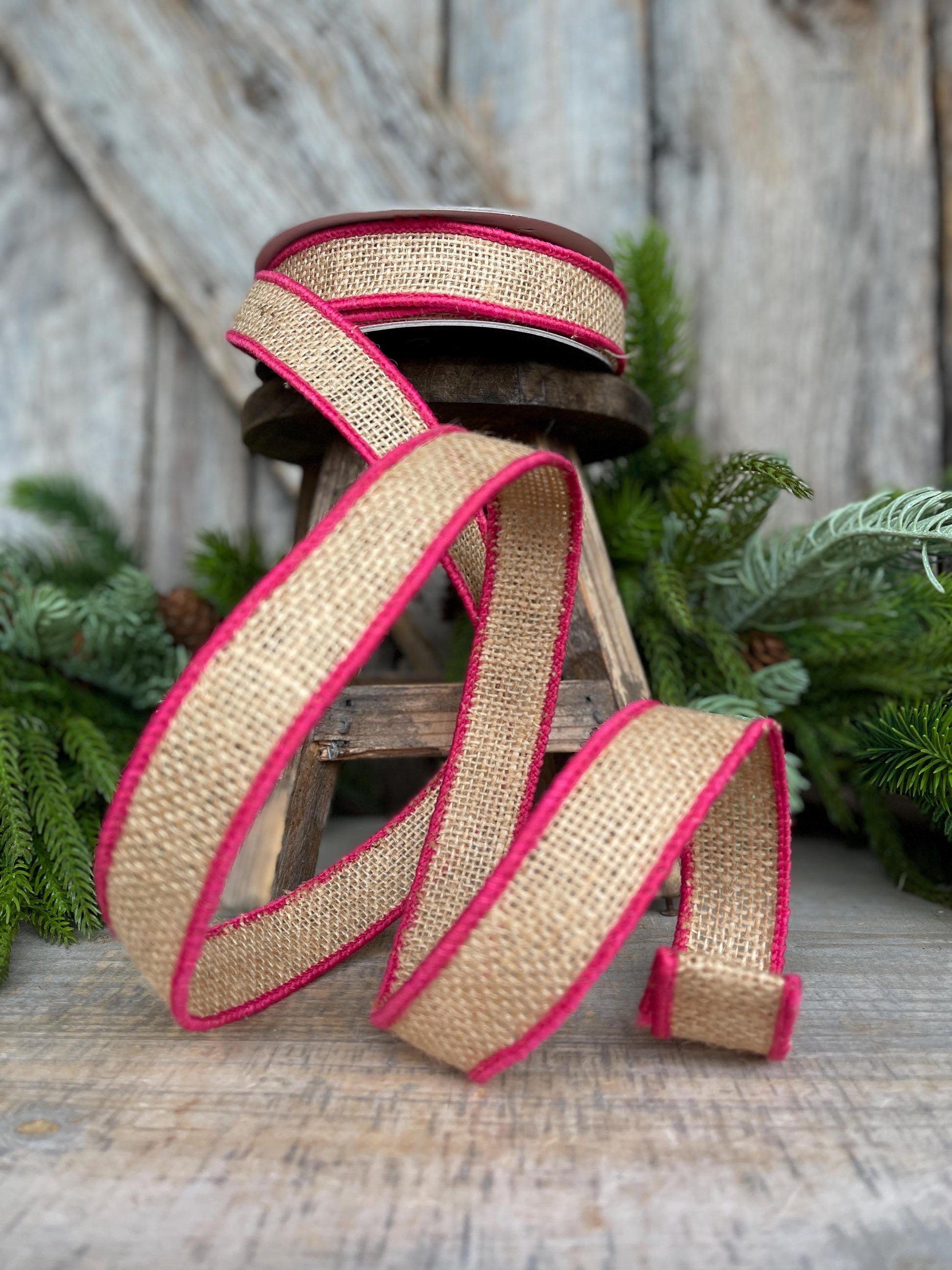 1" Hot Pink Burlap Accent Ribbon, Farrisilk Ribbon, Wired Ribbon, Burlap Ribbon, Designer Ribbon, SR096-08