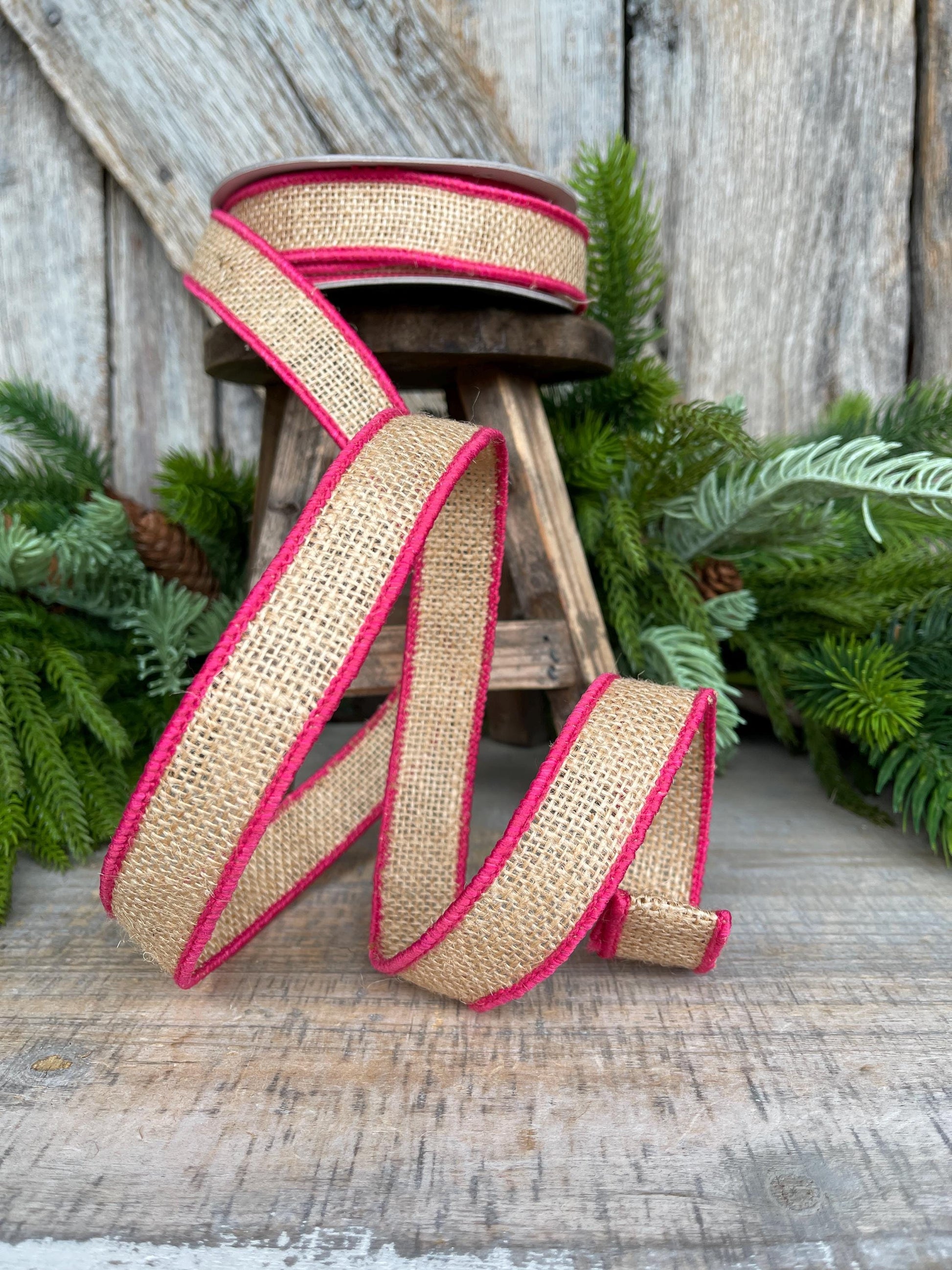 1" Hot Pink Burlap Accent Ribbon, Farrisilk Ribbon, Wired Ribbon, Burlap Ribbon, Designer Ribbon, SR096-08