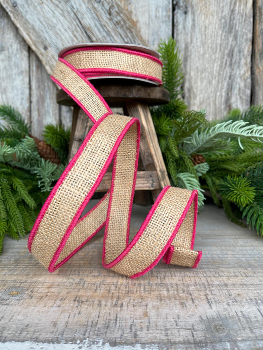 1" Hot Pink Burlap Accent Ribbon, Farrisilk Ribbon, Wired Ribbon, Burlap Ribbon, Designer Ribbon, SR096-08