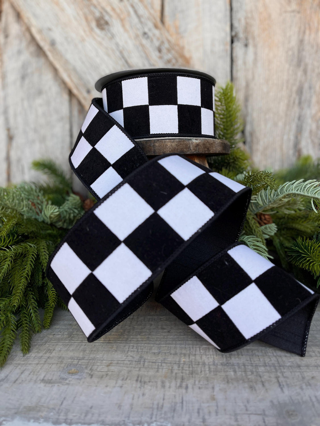 2.5" Black White Maxi Check Ribbon, Wired Ribbon, Farrisilk Ribbon