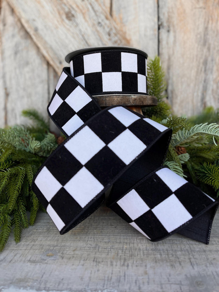 2.5" Black White Maxi Check Ribbon, Wired Ribbon, Farrisilk Ribbon