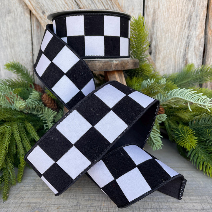 2.5" Black White Maxi Check Ribbon, Wired Ribbon, Farrisilk Ribbon