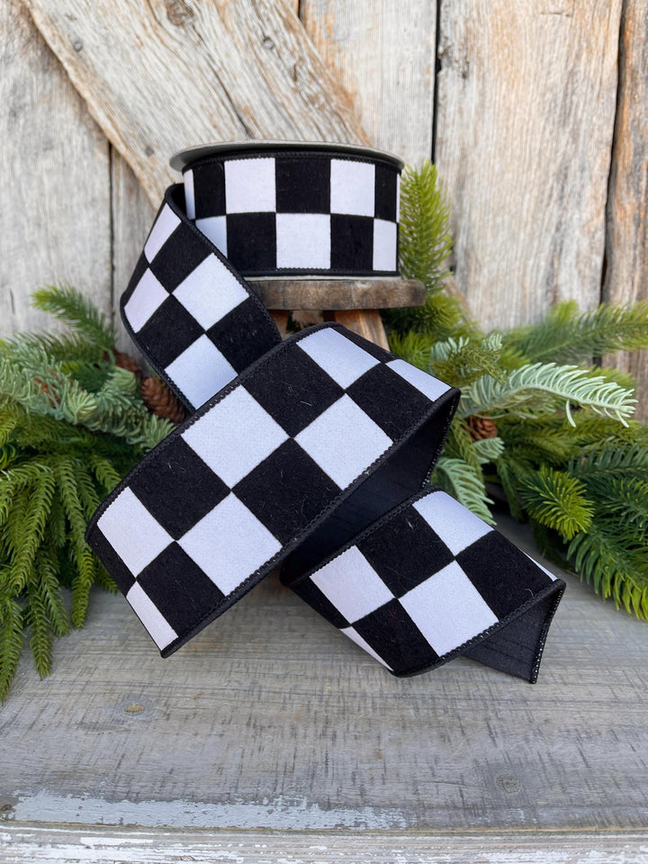 2.5" Black White Maxi Check Ribbon, Wired Ribbon, Farrisilk Ribbon