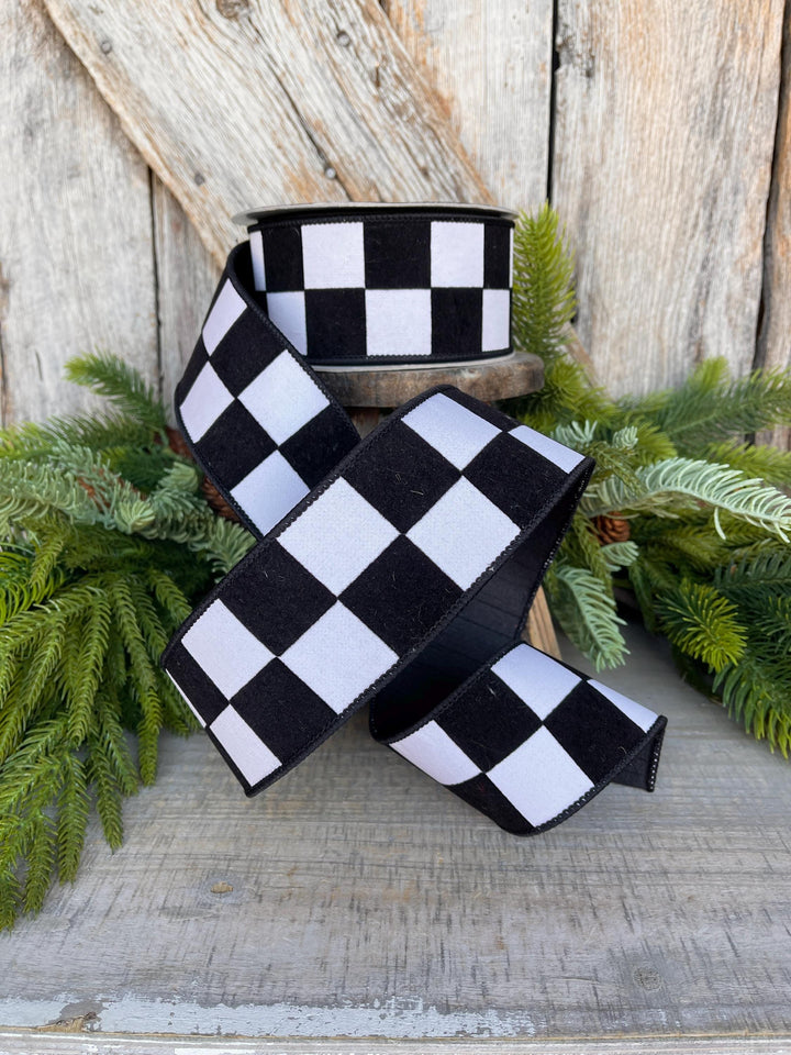 2.5" Black White Maxi Check Ribbon, Wired Ribbon, Farrisilk Ribbon