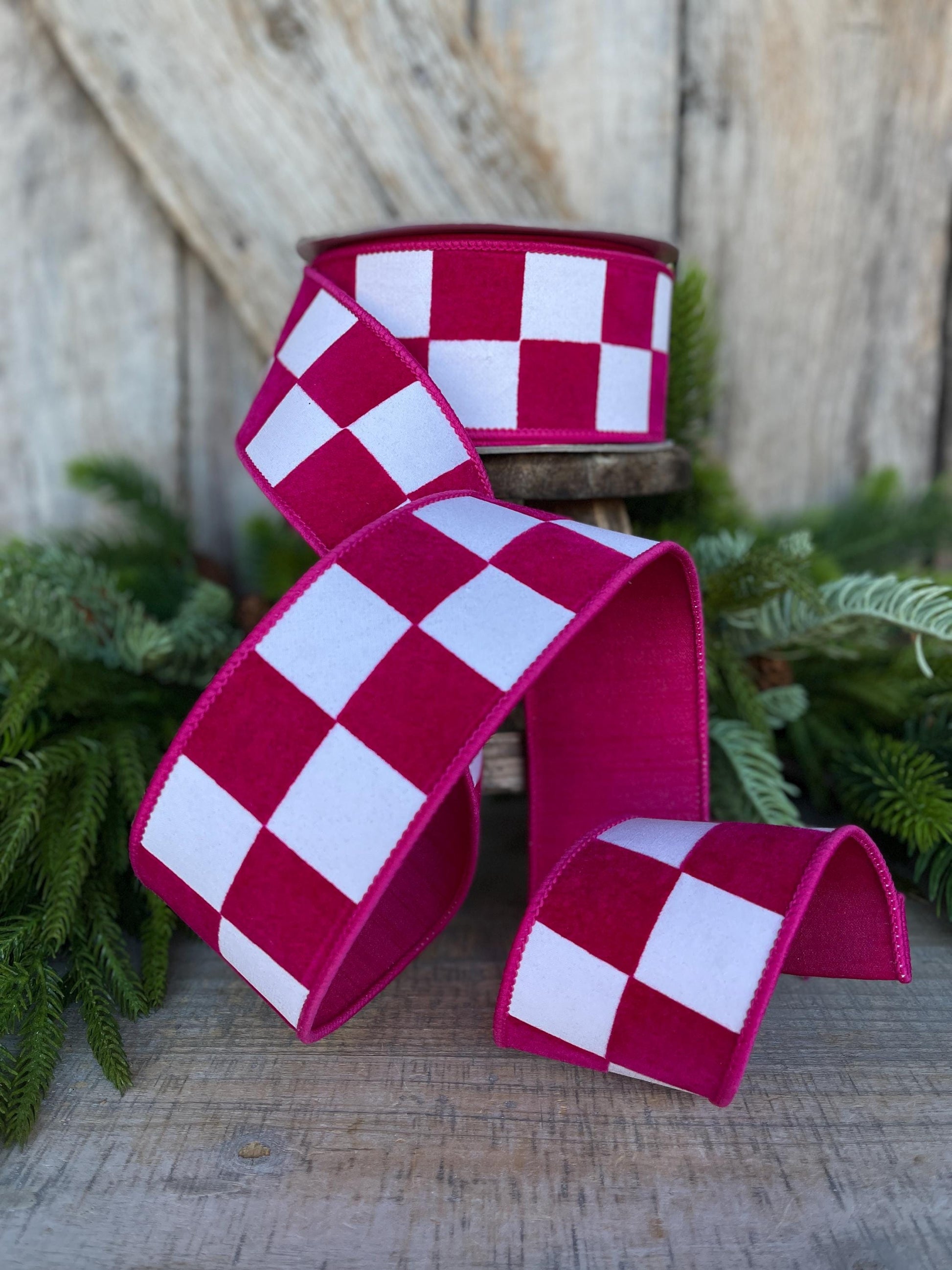 2.5" Hot Pink Maxi Check Ribbon, Wired Ribbon, Farrisilk Ribbon, Hot Pink White Check Ribbon, SR006-08