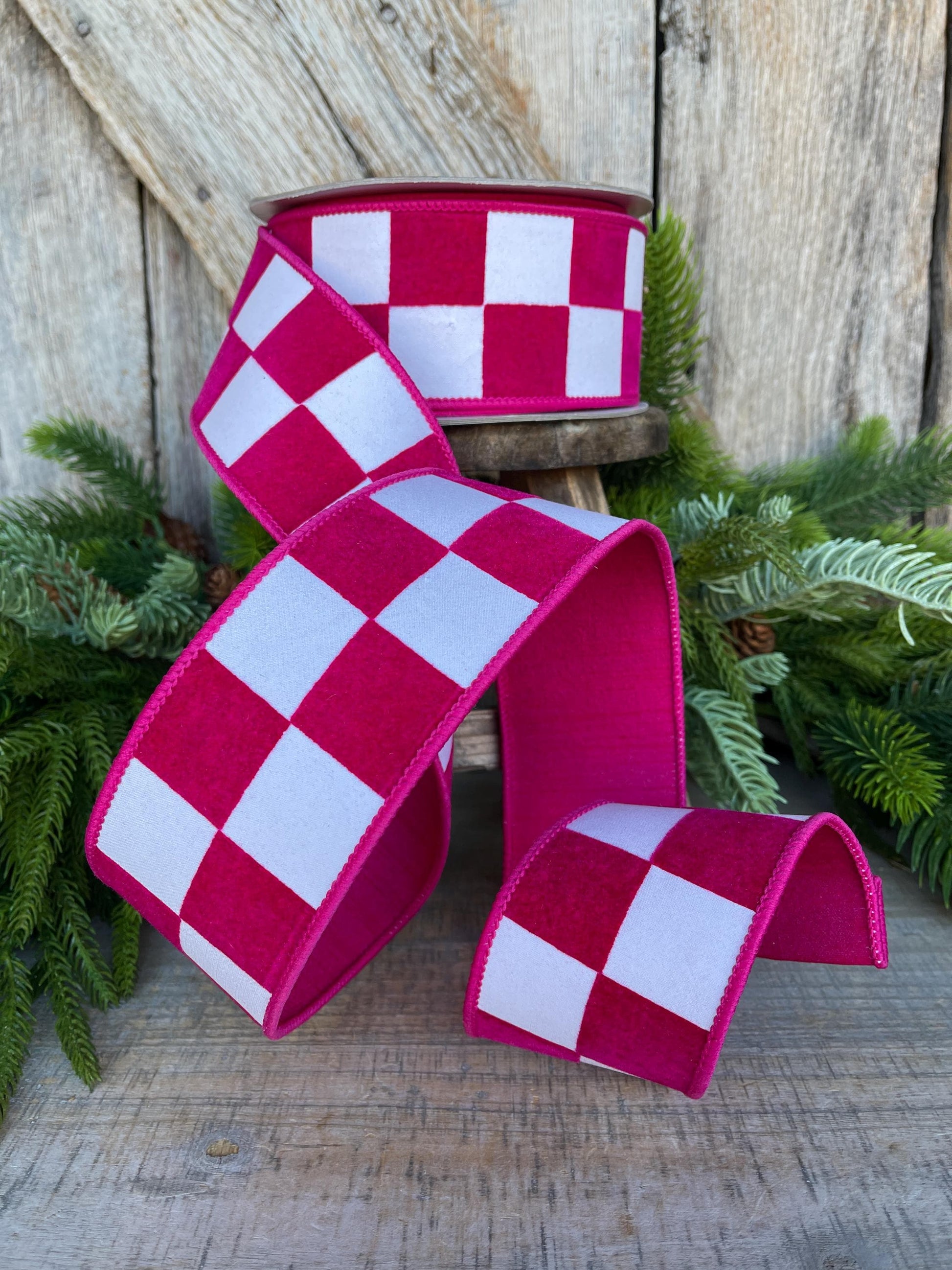 2.5" Hot Pink Maxi Check Ribbon, Wired Ribbon, Farrisilk Ribbon, Hot Pink White Check Ribbon, SR006-08