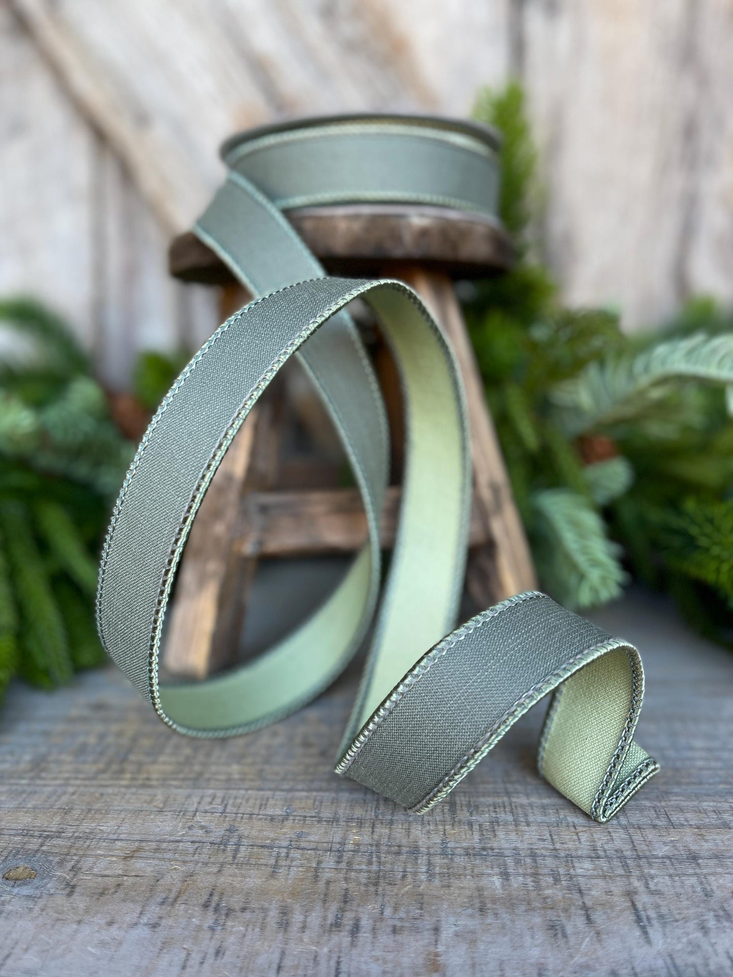1" Sage Green Ribbon, Farrisilk Ribbon, Wired Ribbon, Sage Green Linen Tones Ribbon, 2 Tone Ribbon, Green Ribbon, SR119-85