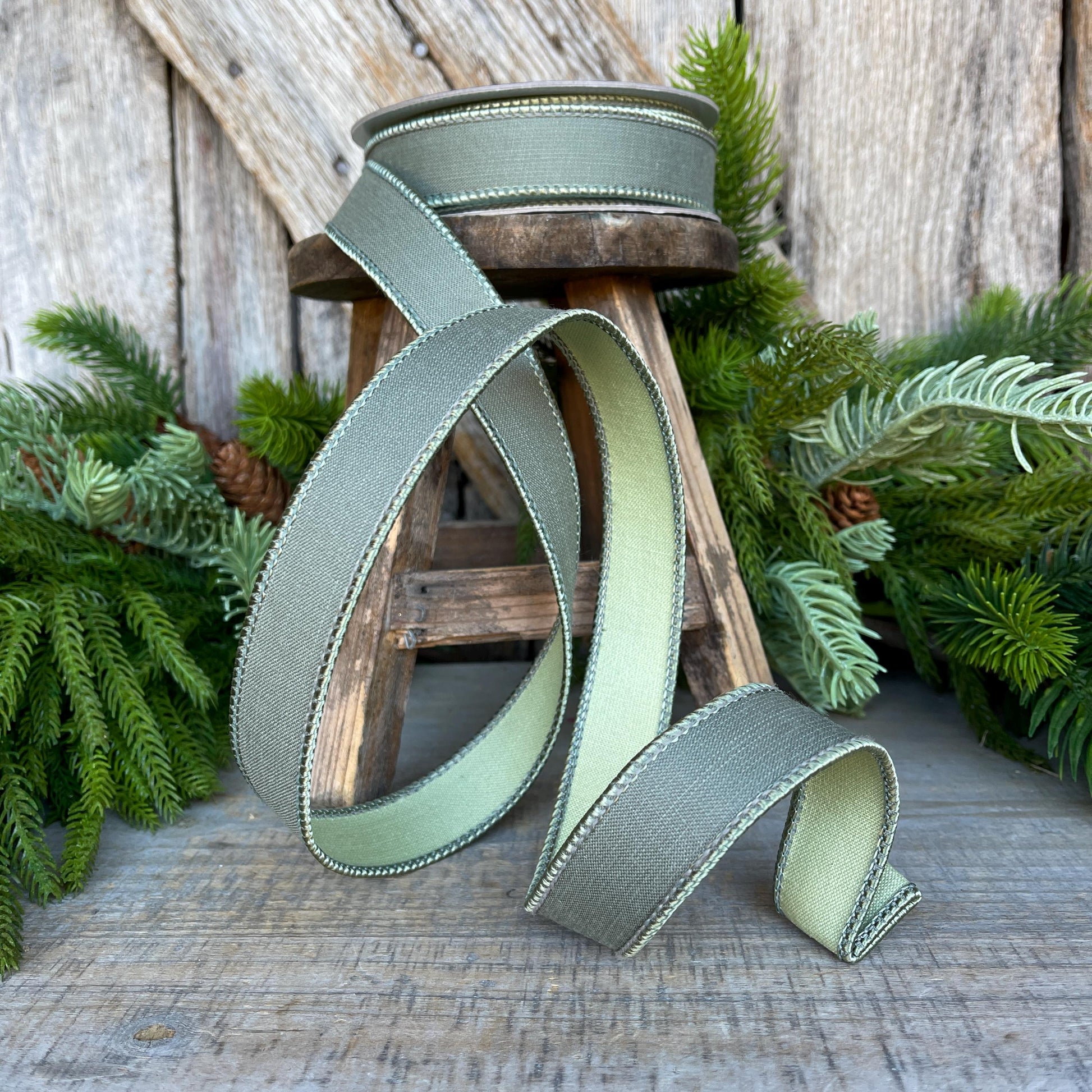1" Sage Green Ribbon, Farrisilk Ribbon, Wired Ribbon, Sage Green Linen Tones Ribbon, 2 Tone Ribbon, Green Ribbon, SR119-85