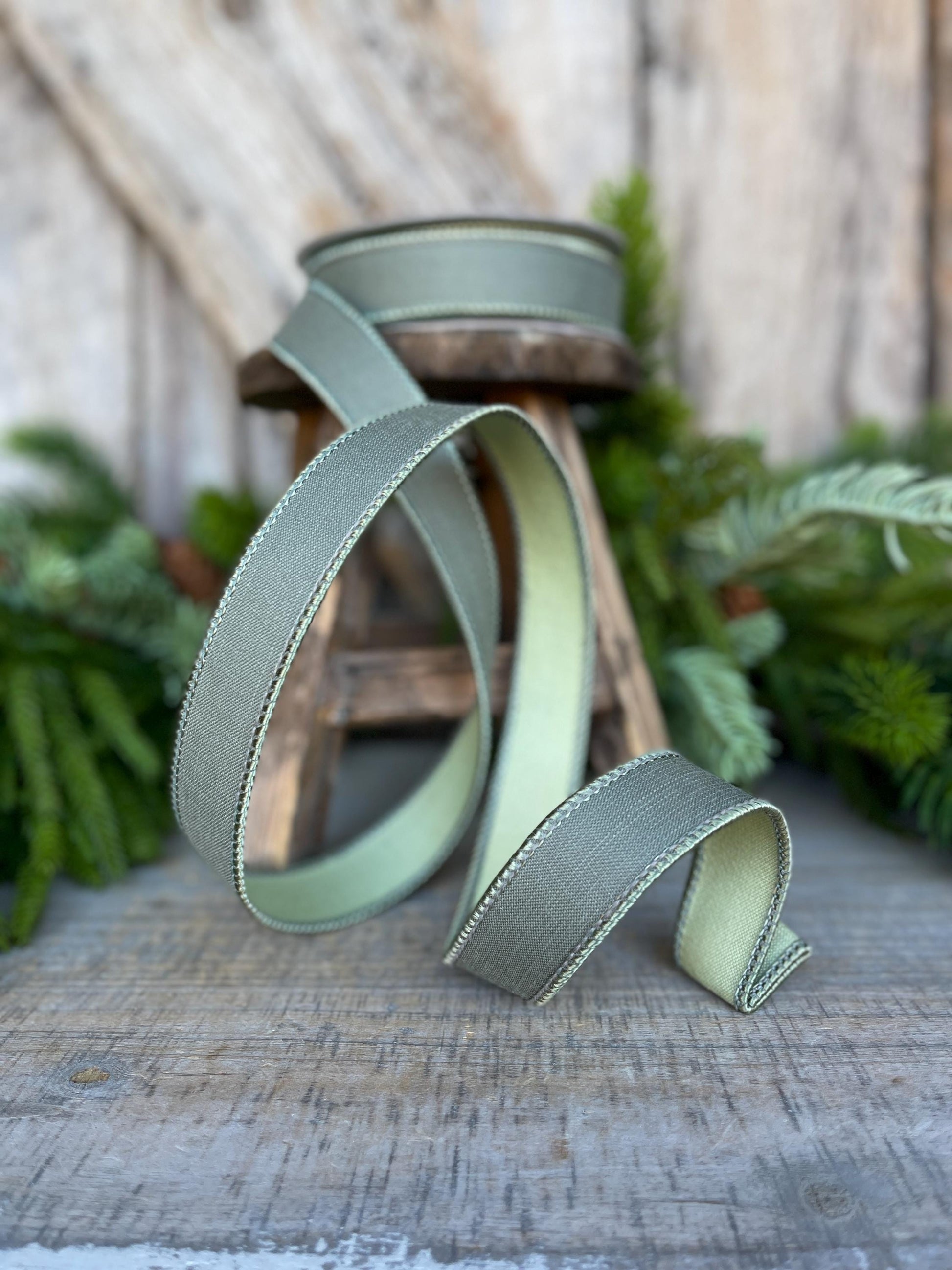 1" Sage Green Ribbon, Farrisilk Ribbon, Wired Ribbon, Sage Green Linen Tones Ribbon, 2 Tone Ribbon, Green Ribbon, SR119-85