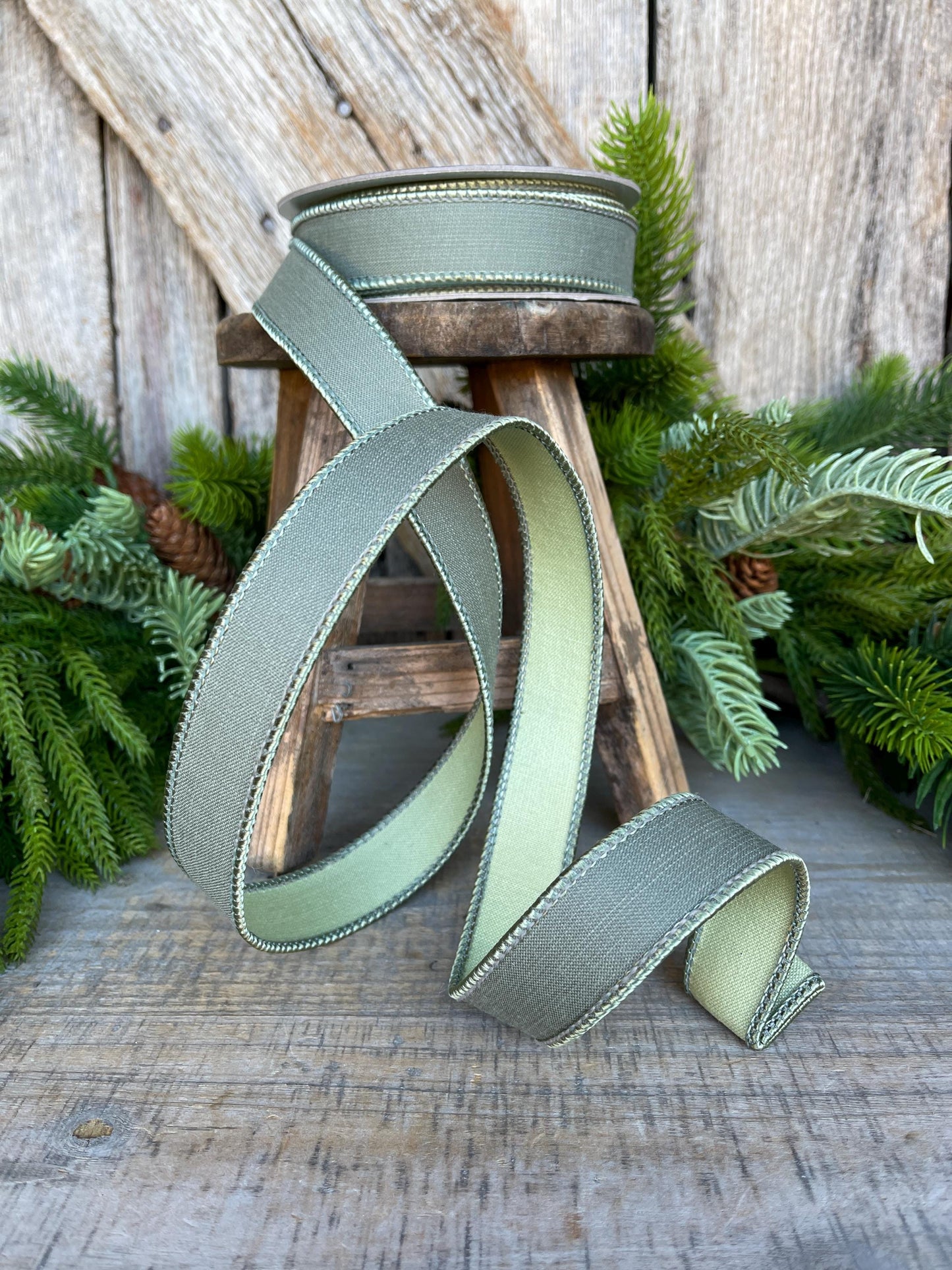 1" Sage Green Ribbon, Farrisilk Ribbon, Wired Ribbon, Sage Green Linen Tones Ribbon, 2 Tone Ribbon, Green Ribbon, SR119-85