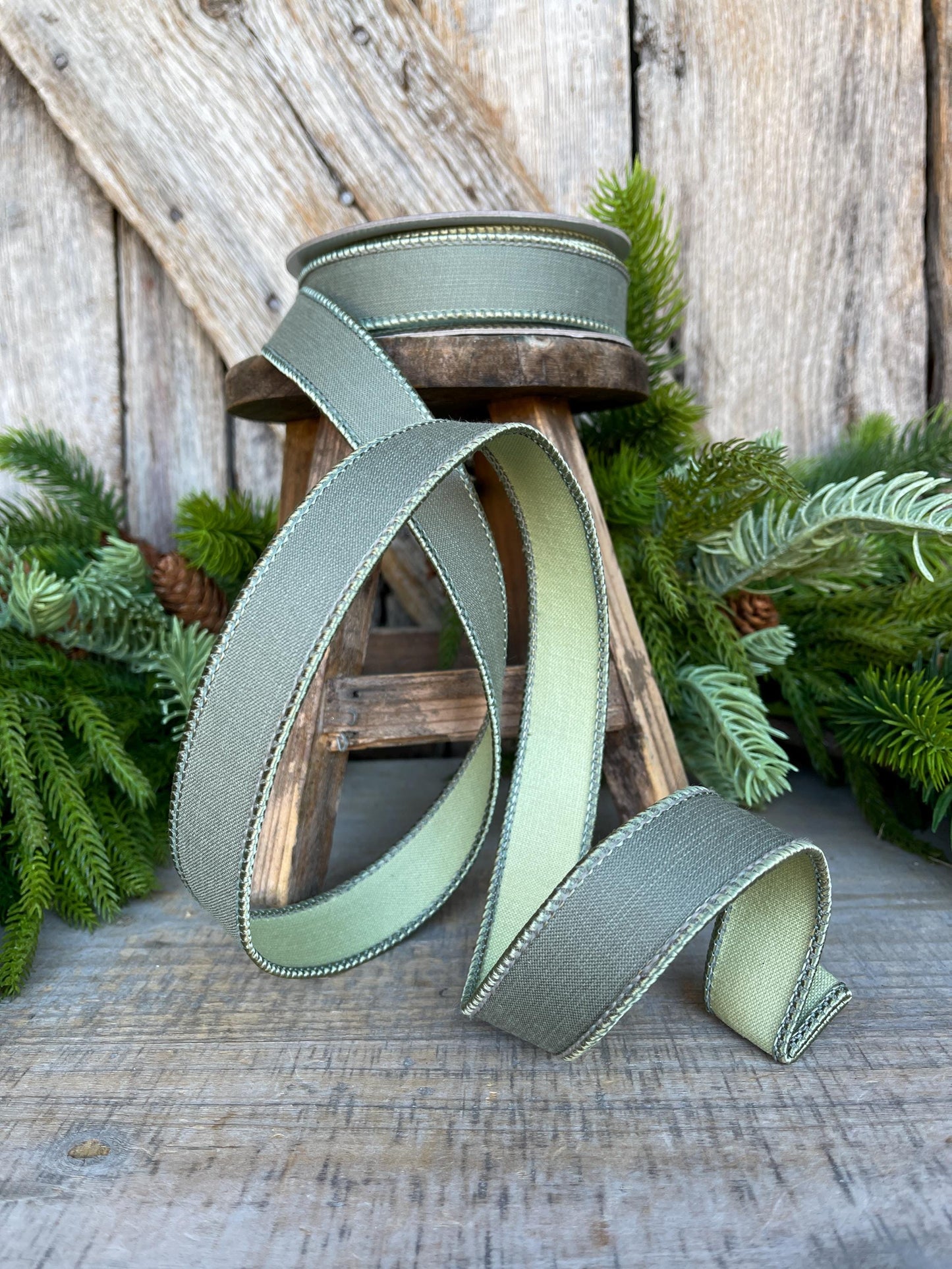 1" Sage Green Ribbon, Farrisilk Ribbon, Wired Ribbon, Sage Green Linen Tones Ribbon, 2 Tone Ribbon, Green Ribbon, SR119-85