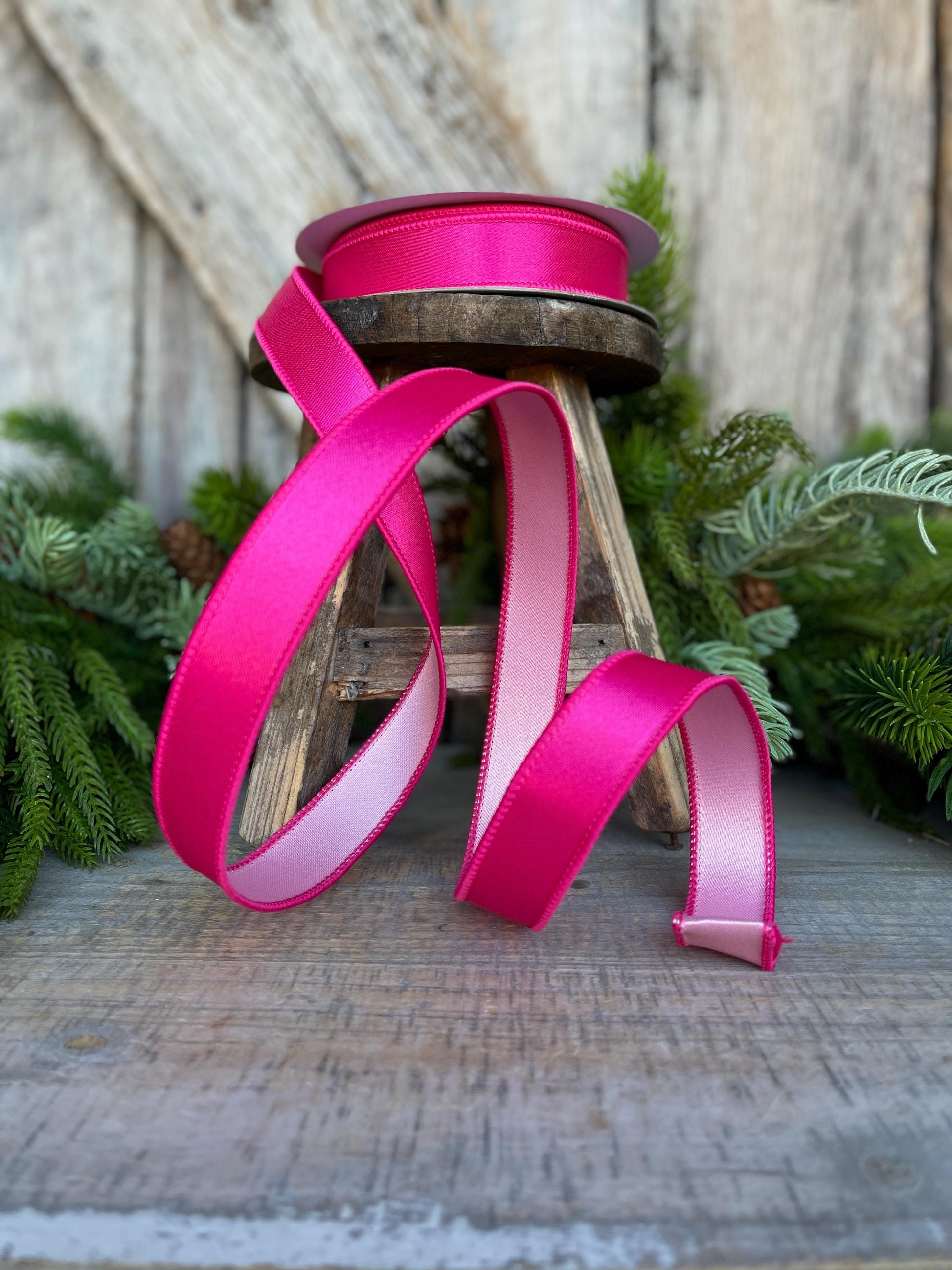 1" Hot Pink Light Pink Wired Satin Ribbon, Farrisilk Ribbon, Duo Satin Ribbon