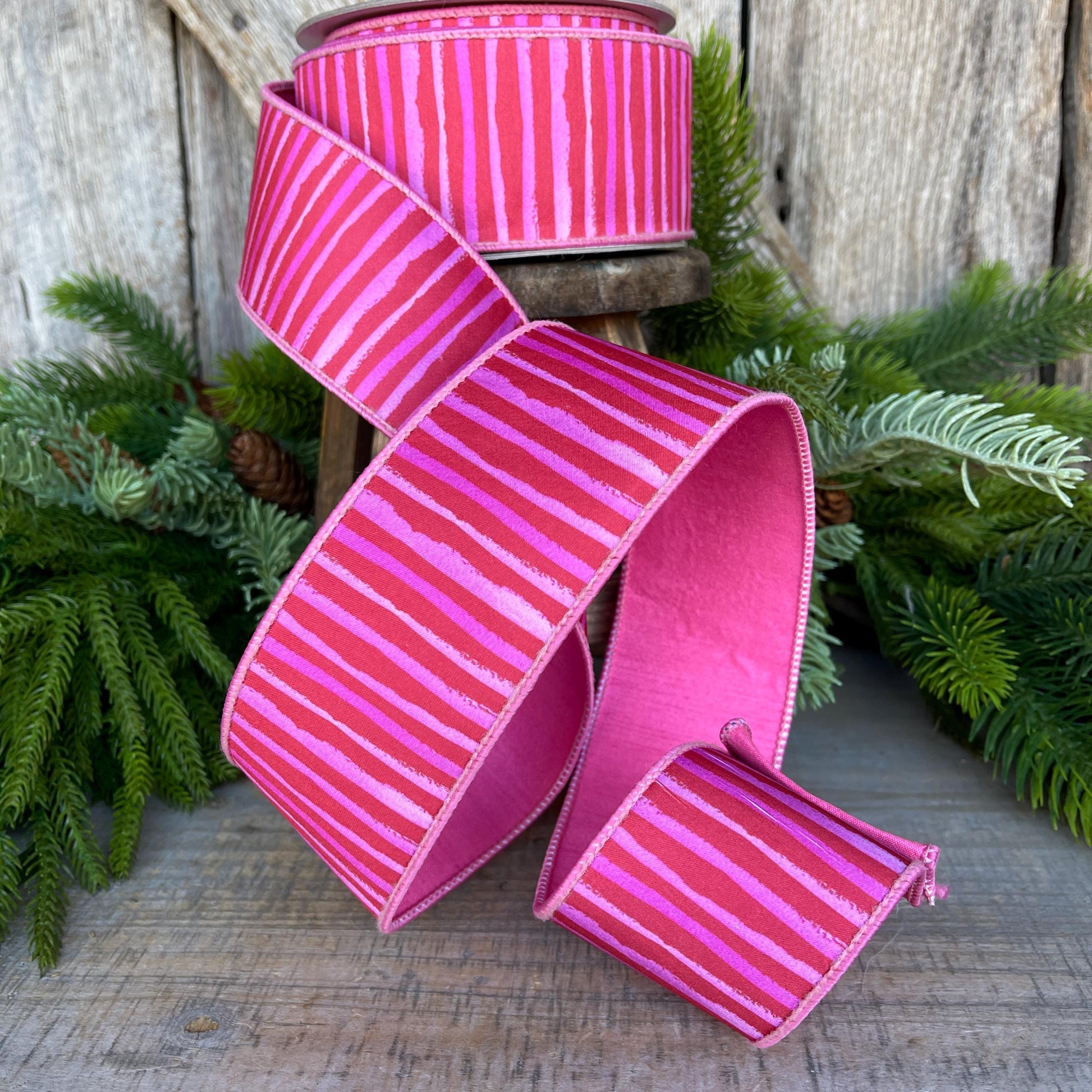 2.5" Red Pink Stripe Ribbon, Farrisilk Ribbon, Wired Ribbon, Red Bristle Stripes Ribbon, Spring Ribbon, Striped Ribbon, SR079-02