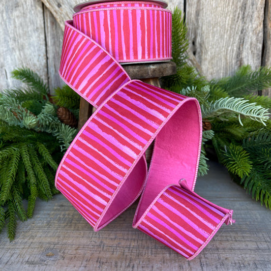 2.5" Red Pink Stripe Ribbon, Farrisilk Ribbon, Wired Ribbon, Red Bristle Stripes Ribbon, Spring Ribbon, Striped Ribbon, SR079-02