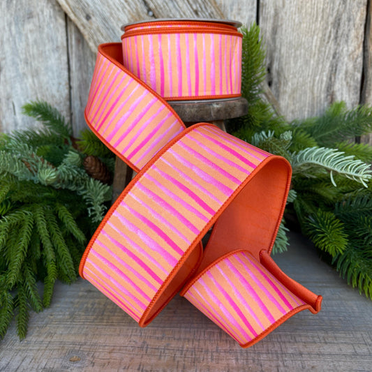 2.5" Orange Pink Stripe Ribbon, Farrisilk Ribbon, Wired Ribbon, Orange Bristle Stripes Ribbon, Spring Ribbon, Striped Ribbon, SR079-52